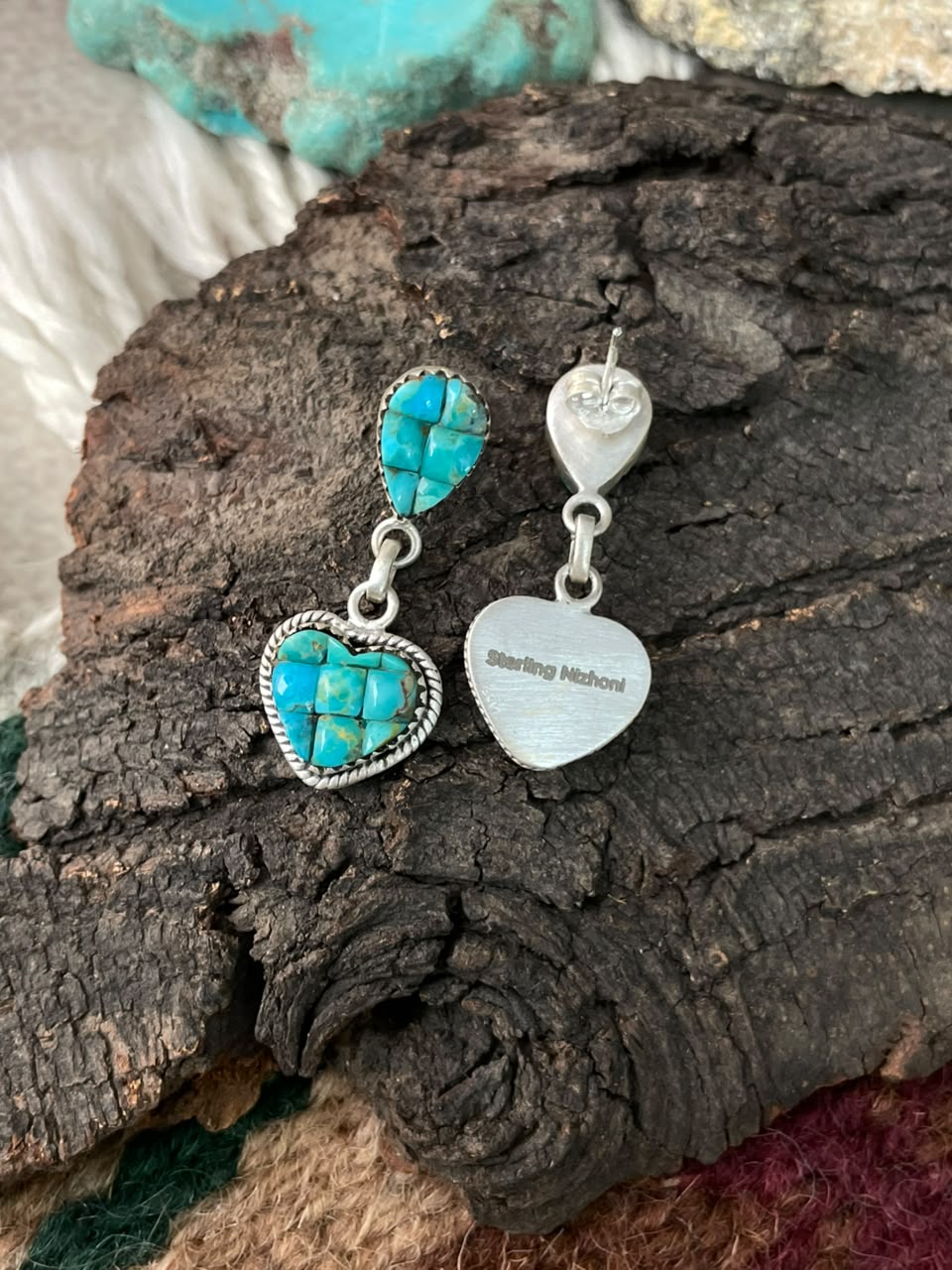 Handmade Sterling Silver Kingman Turquoise Cobble Stone Post Dangle Earrings Signed Nizhoni