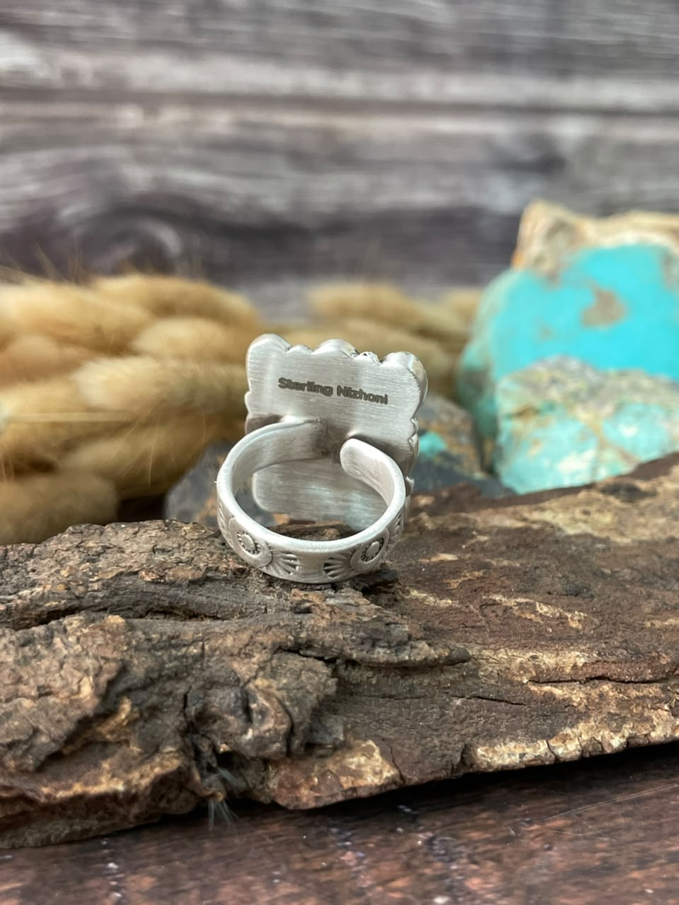 Handmade Sterling Silver Orange Mojave with Kingman Turquoise Adjustable Ring Signed Nizhoni