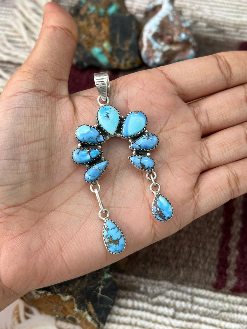 Handmade Sterling Silver Golden Hills Turquoise Naja Pendant "Signed Nizhoni"
