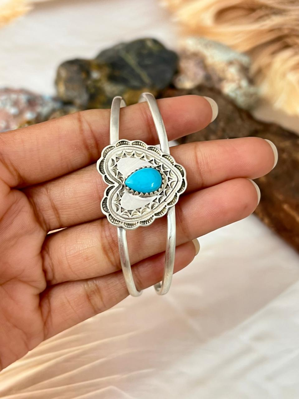 Handmade Sterling Silver Kingman Turquoise Heart Bracelet "Signed Nizhoni"