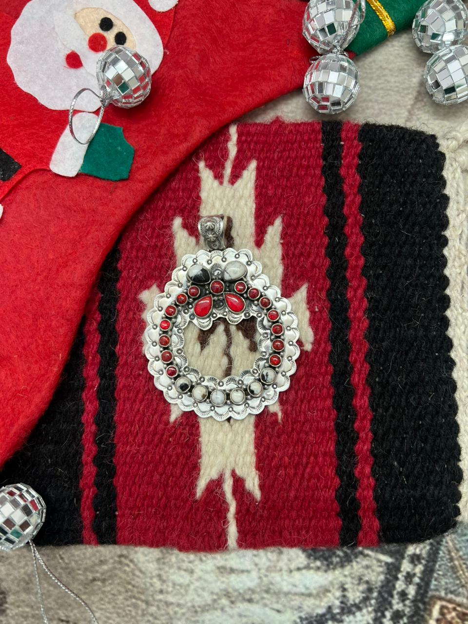 "Christmas Collection" Handmade Sterling Silver Red Opal with White Buffalo Pendant " Signed Nizhoni"