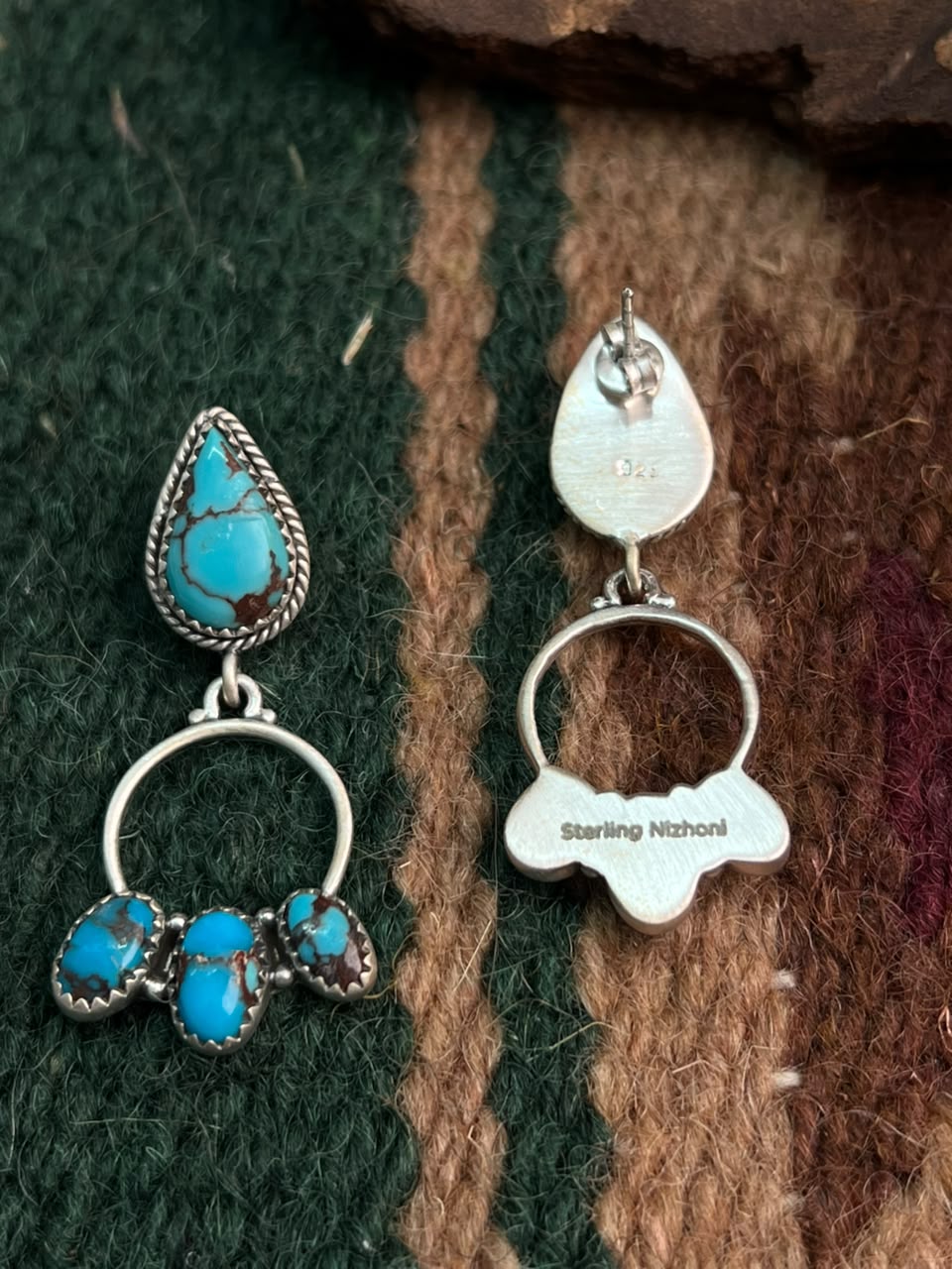 Handmade Sterling Silver Egyptian Turquoise Post Dangle Earrings Signed Nizhoni