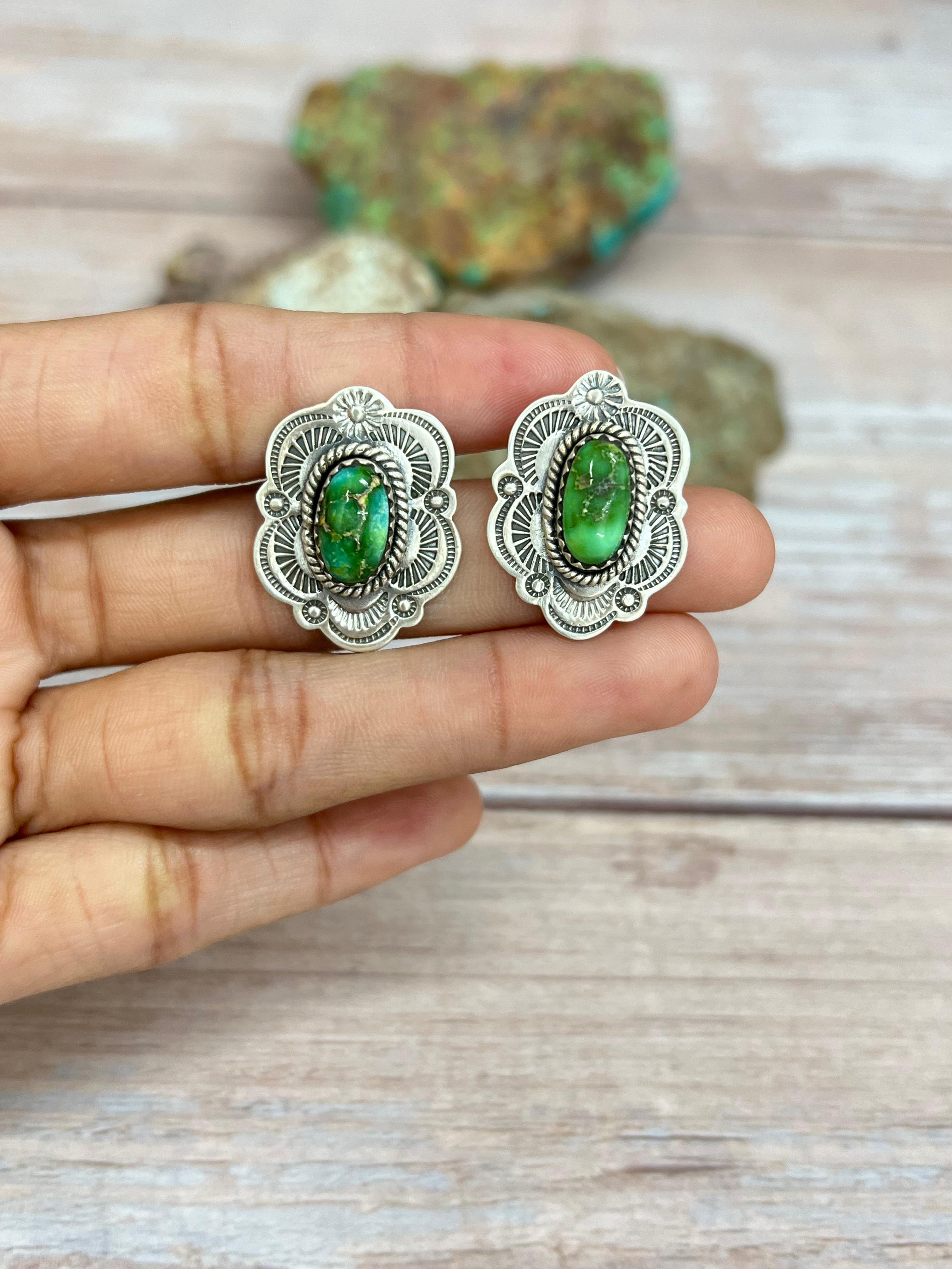 Handmade Sterling Silver Sonoran Mountain Turquoise Post Earrings with Signed Nizhoni