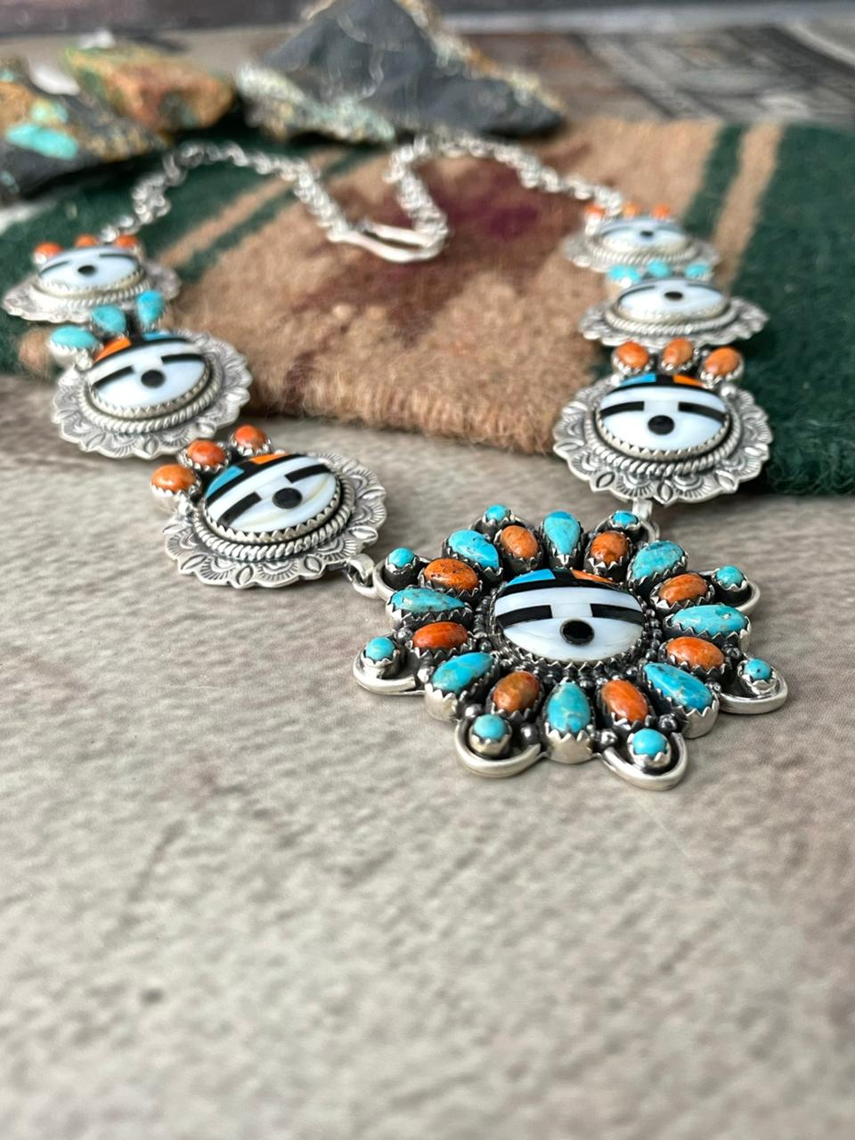 Handmade Sterling Silver Turquoise and MOP Necklace "Signed Nizhoni"