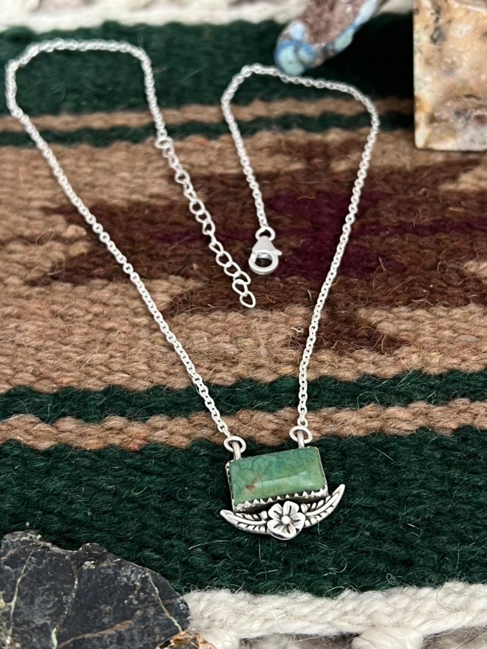 Handmade Sterling Silver Old Stock Royston Turquoise Bar Necklace "Signed Nizhoni"