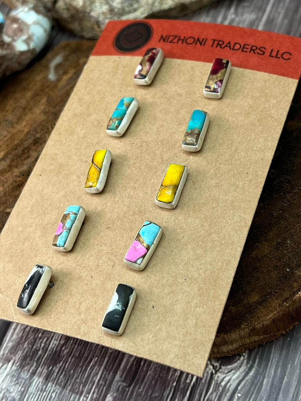 Handmade Sterling Silver Multi Stones Post Studs Earrings Card Set