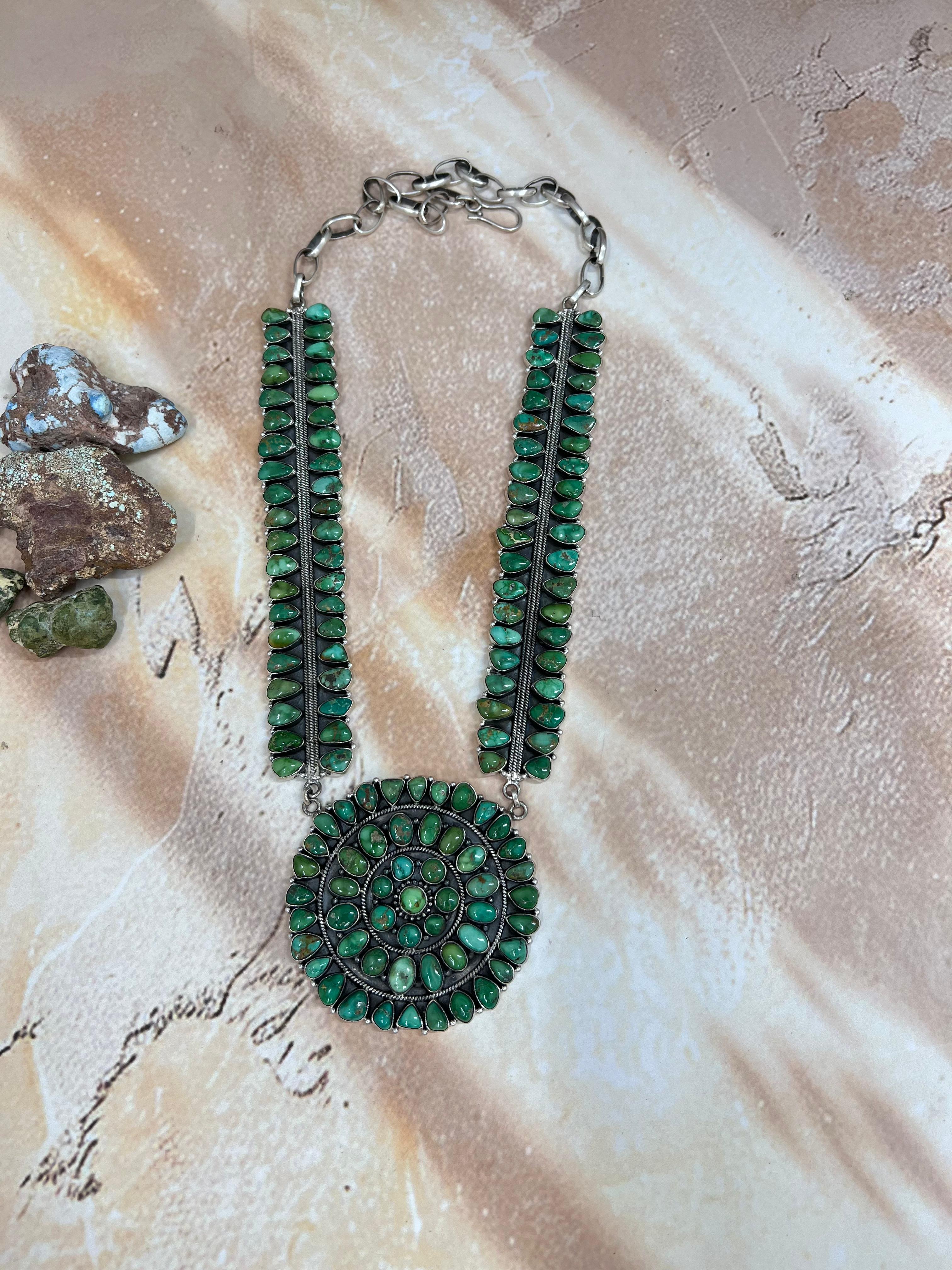 Handmade Sterling Silver Sonoran Mountain Turquoise Necklace with Signed Nizhoni