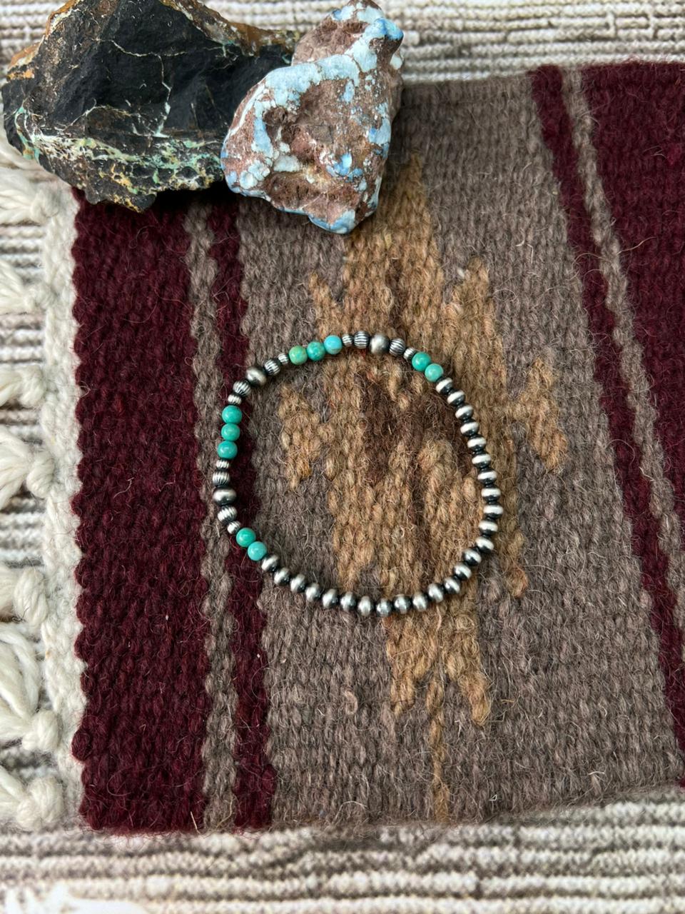 Handmade Sterling Silver Kingman Turquoise Beaded Stretch Bracelet