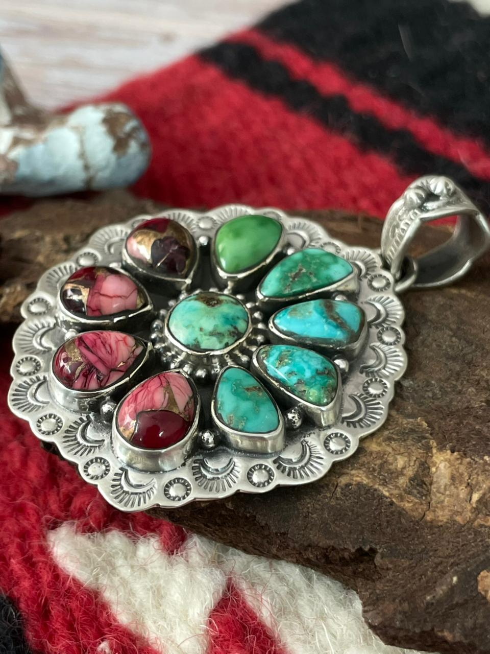 Handmade Sterling Silver Dahlia Rose with Emerald Valley Turquoise Pendant "Signed Nizhoni"