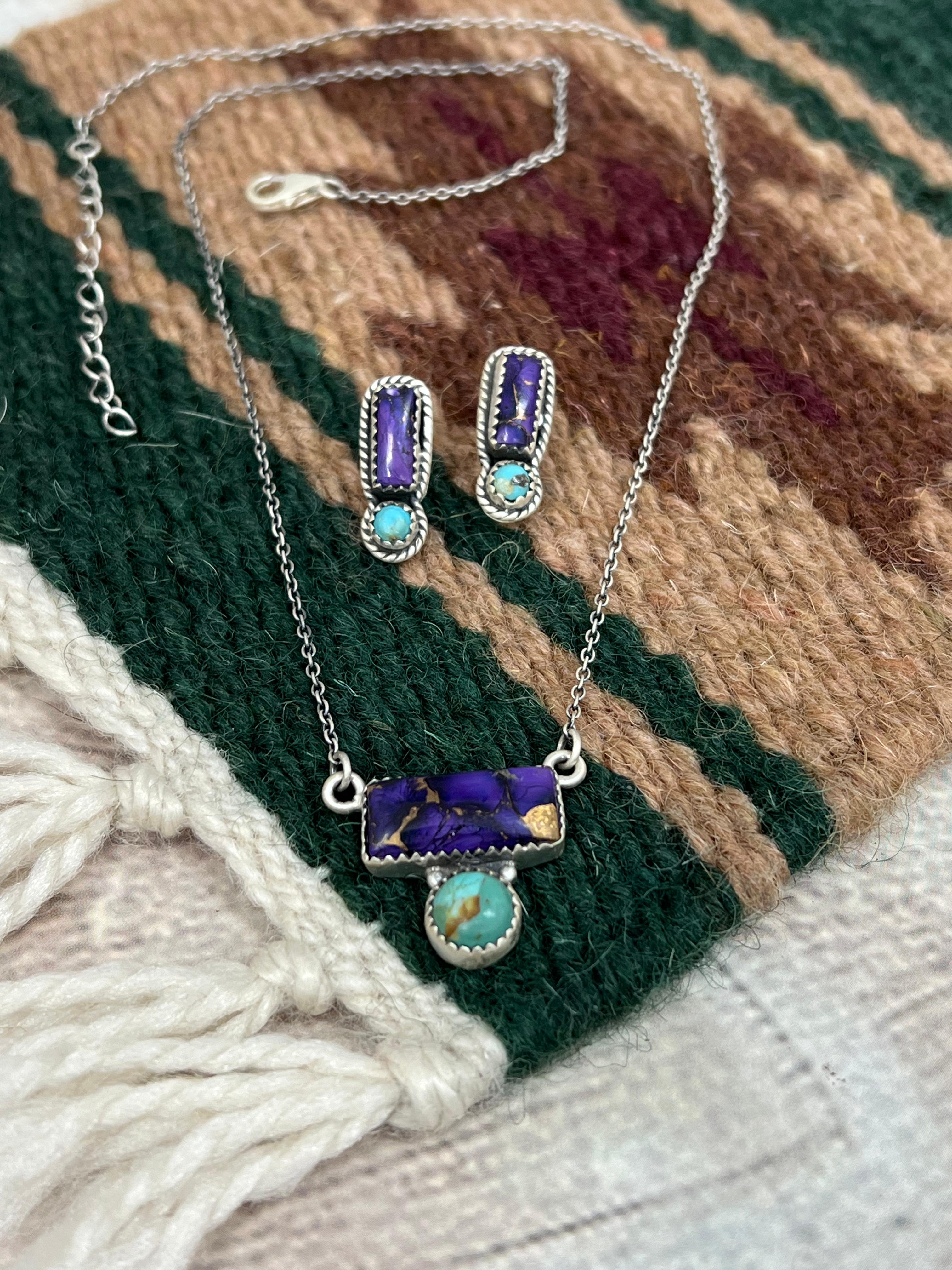 Handmade Sterling Silver Grape Dahlia With Kingman Necklace Earrings Set, Signed Nizhoni