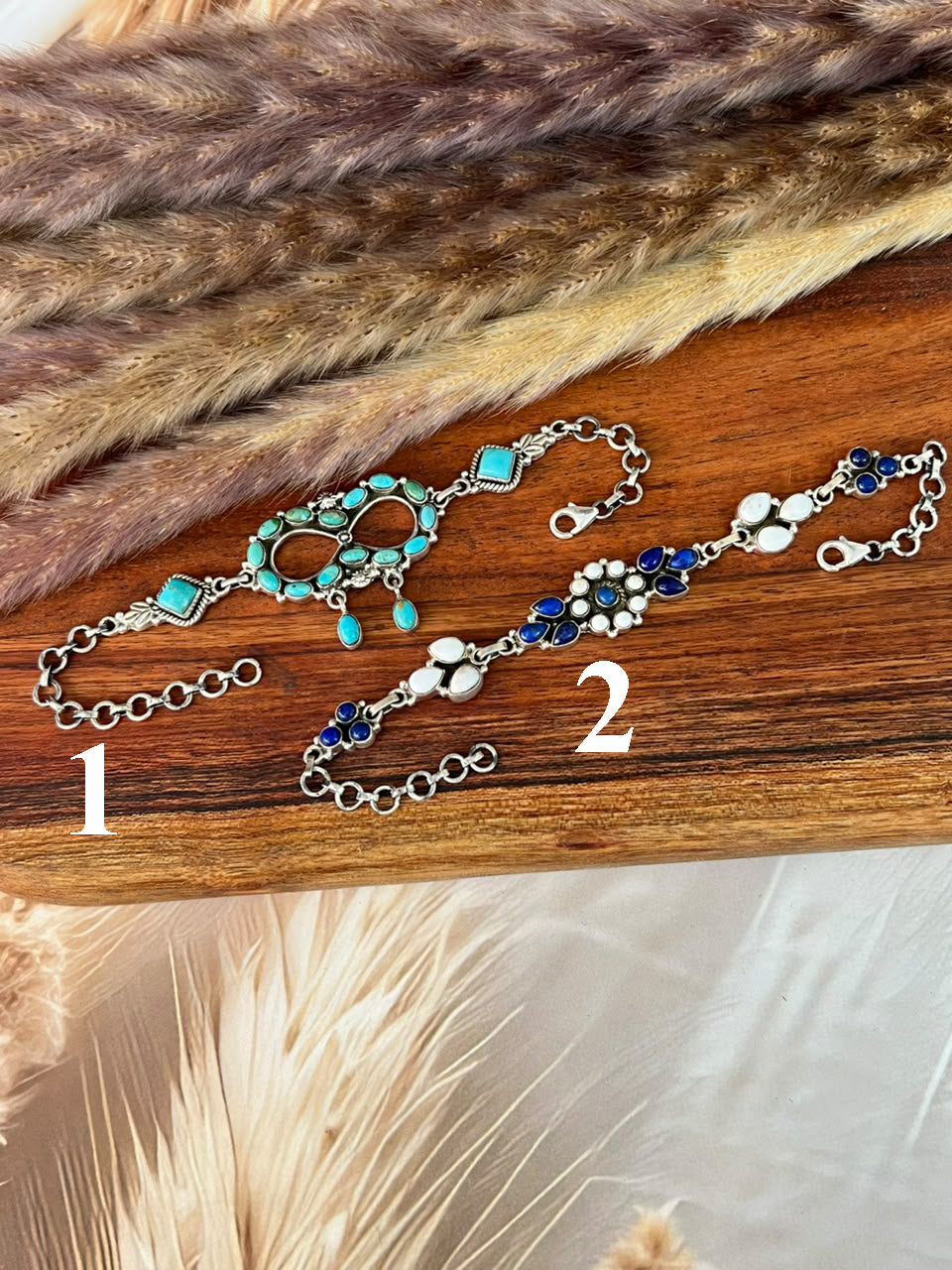 Handmade Sterling Silver White Buffalo with Lapis and Kingman Turquoise Chain Bracelet Signed Nizhoni