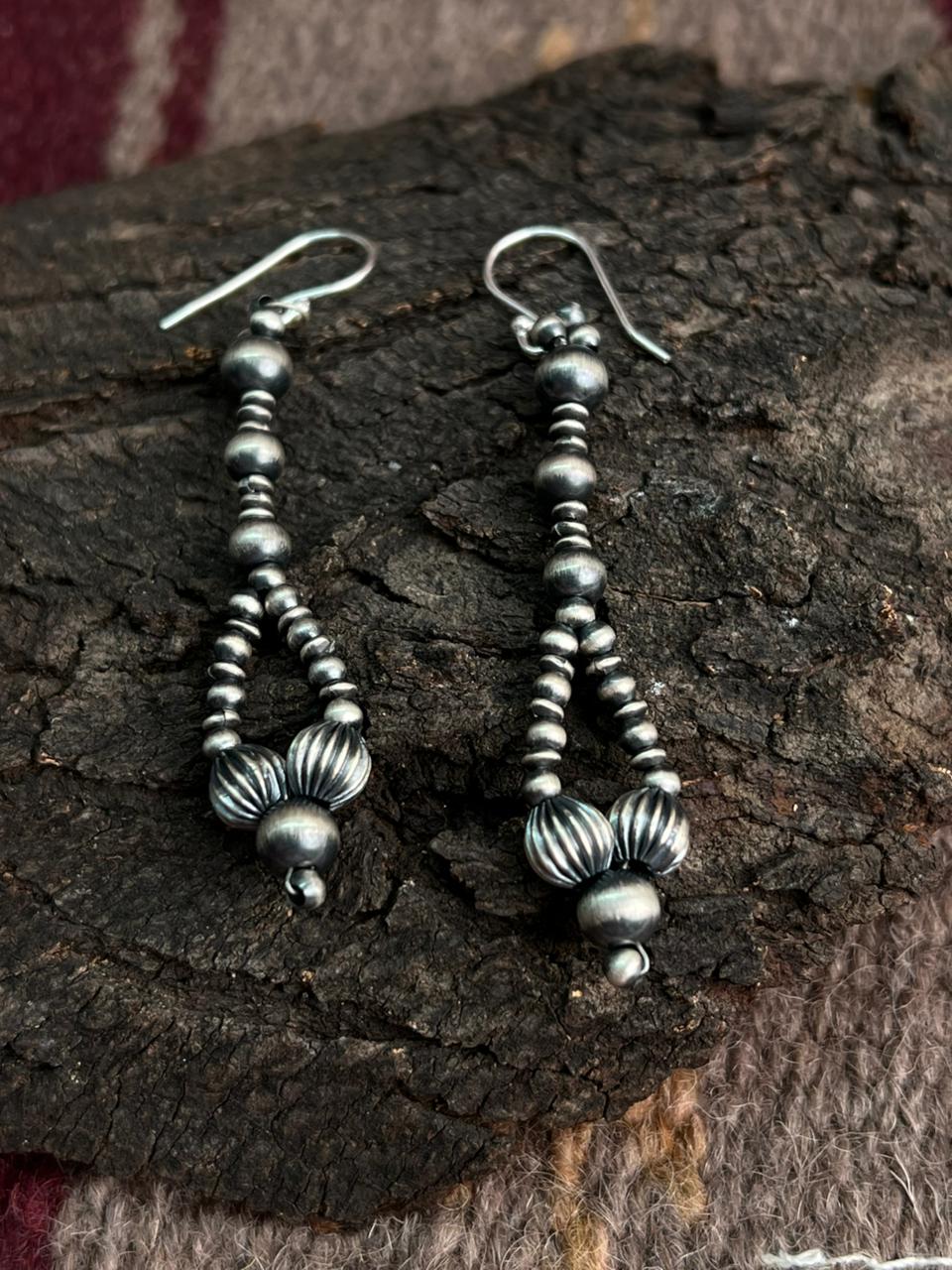 Handmade Sterling Silver Beaded Hook Earrings "Signed Nizhoni"