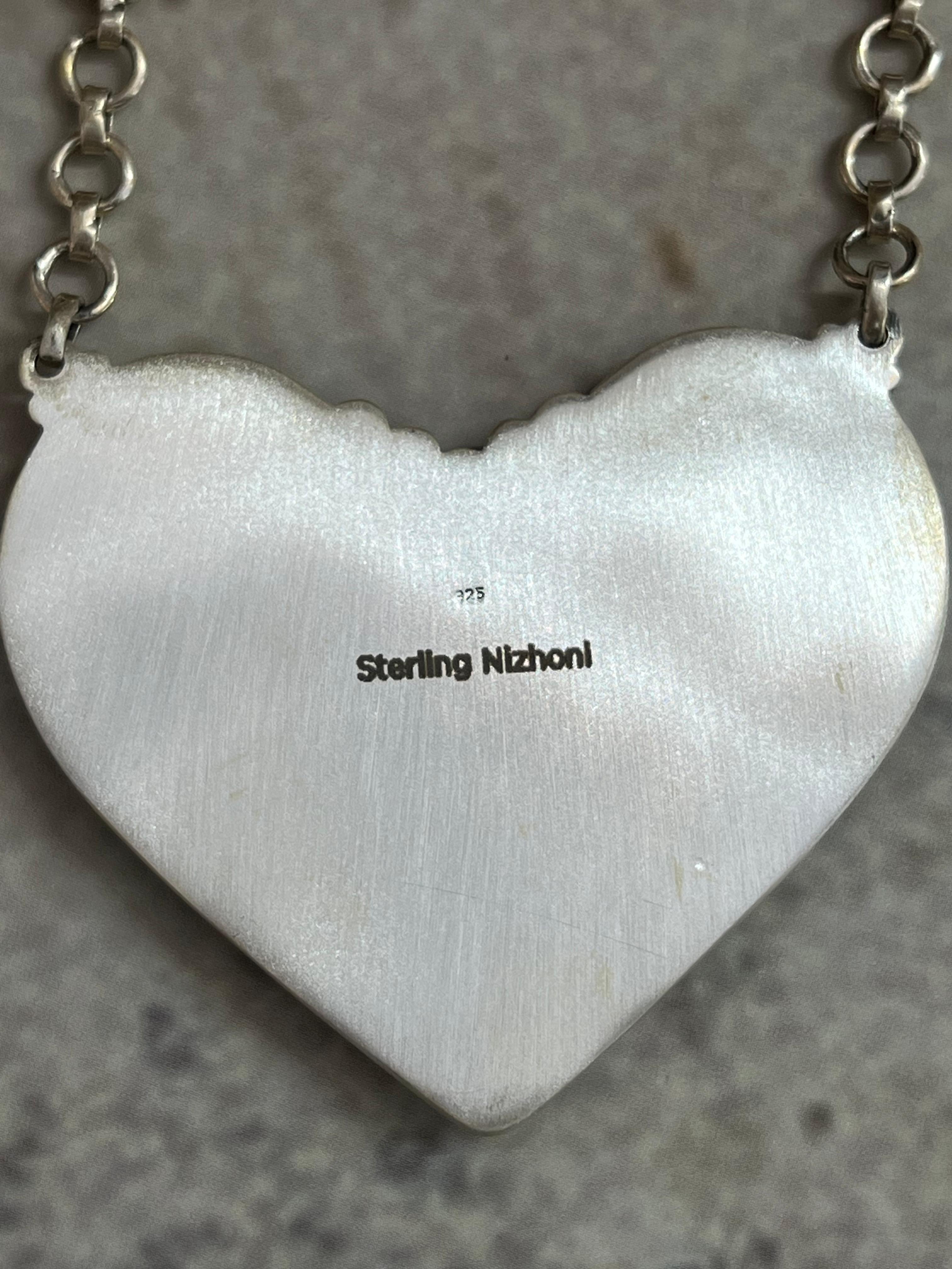 Handmade Sterling Silver Golden Hills Turquoise Heart Necklace with Signed Nizhoni