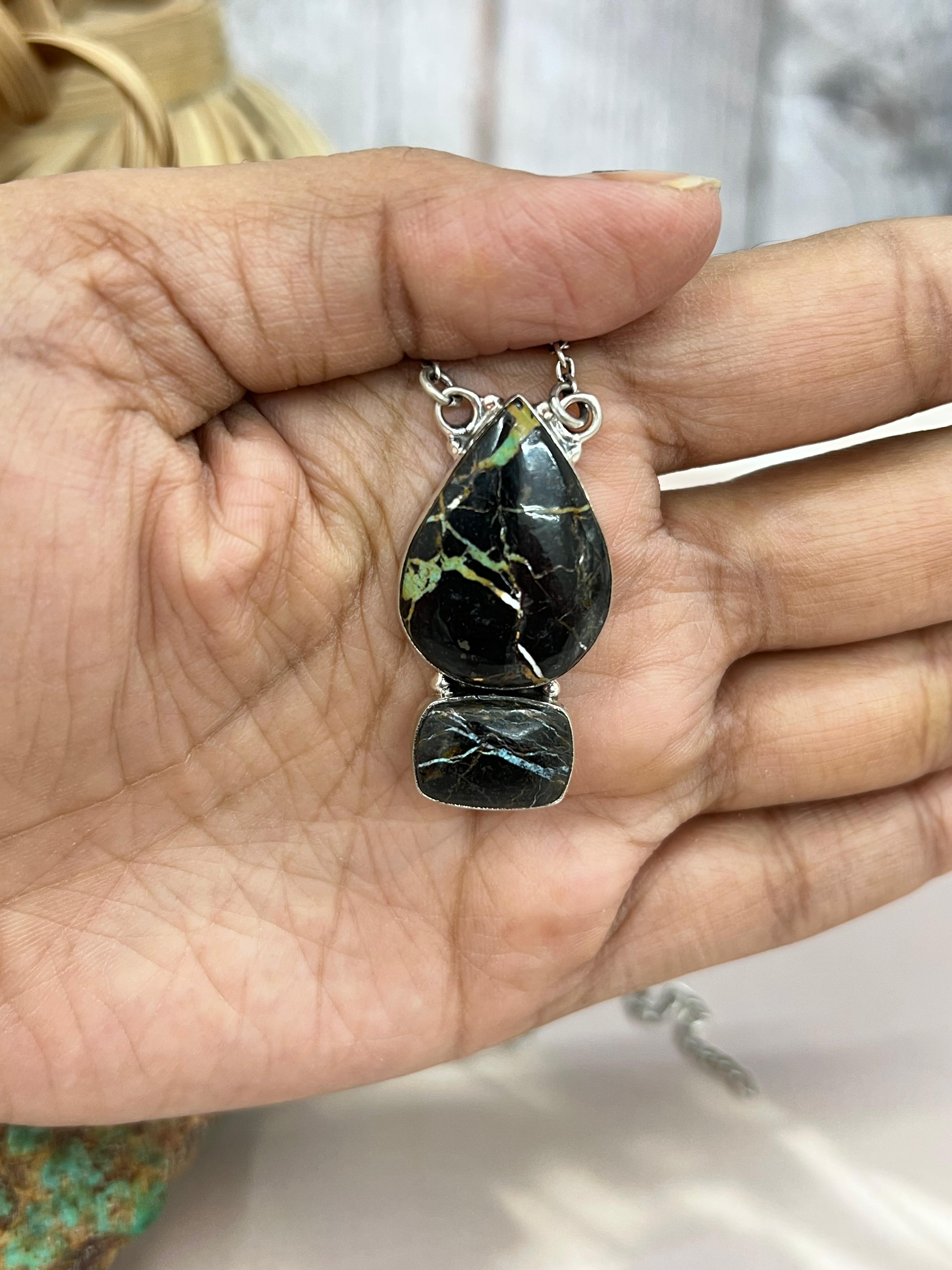 Handmade Sterling Silver Blackjack Turquoise Necklace Signed Nizhoni