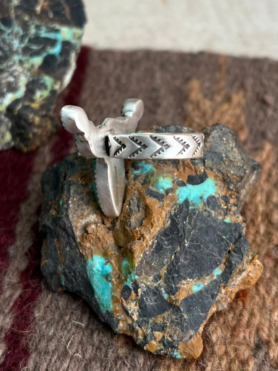 Handmade Sterling Silver Dahlia Rose With Emerald Valley Turquoise Ring "Signed Nizhoni"