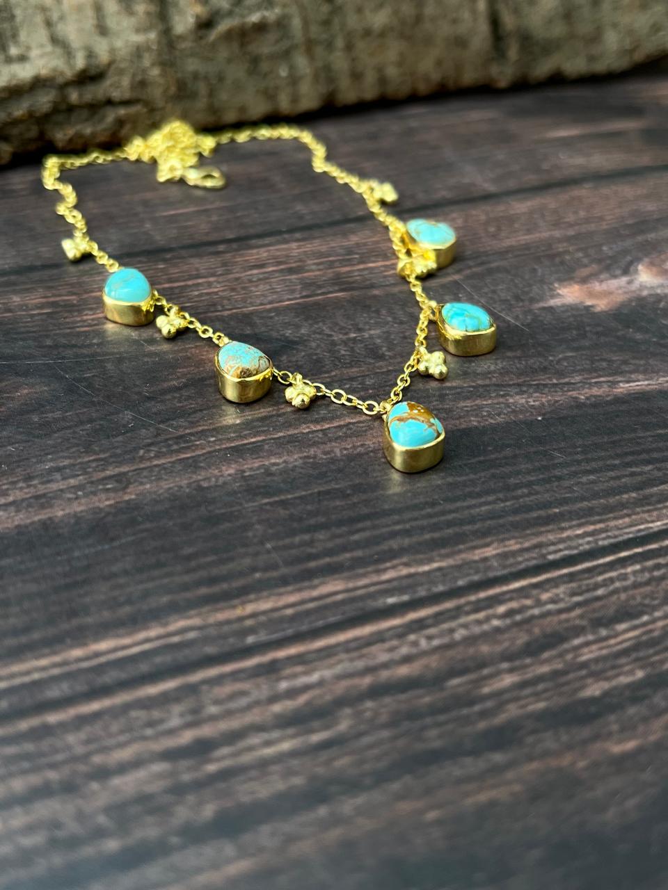 "THE GOLDEN COLLECTION" Handmade Natural Golden Hills Turquoise 5 Stone Gold Plated Necklace