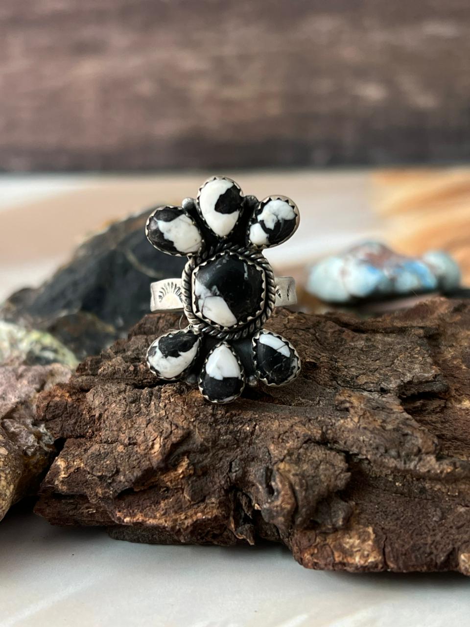 Handmade Sterling Silver White Buffalo Adjustable Ring "Signed Nizhoni"