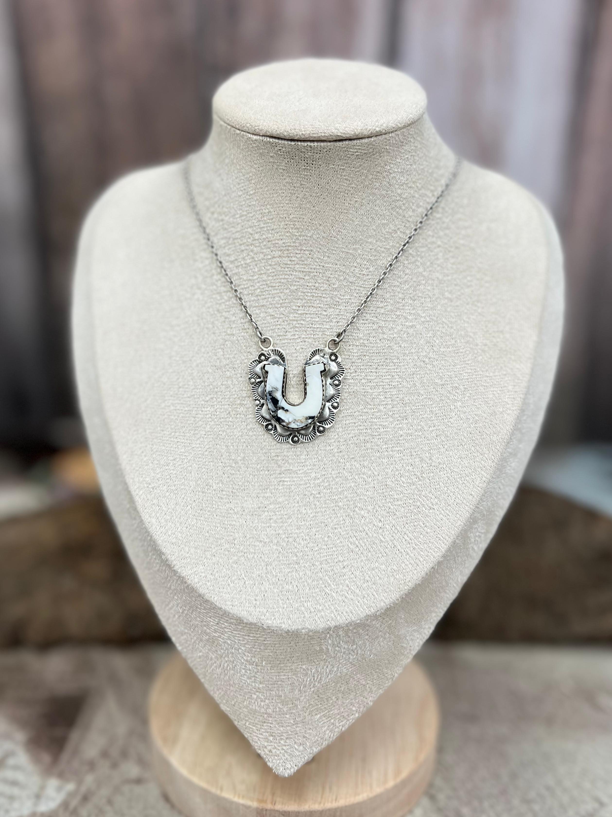 Handmade Sterling Silver White Buffalo Turquoise Necklace with Signed Nizhoni