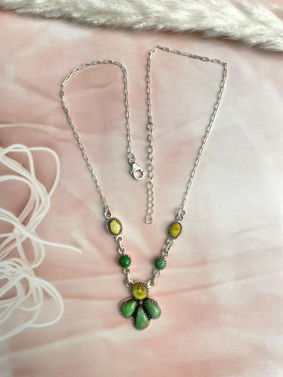 Handmade Sterling Silver Emerald Valley with Palomino Turquoise Necklace "Signed Nizhoni"