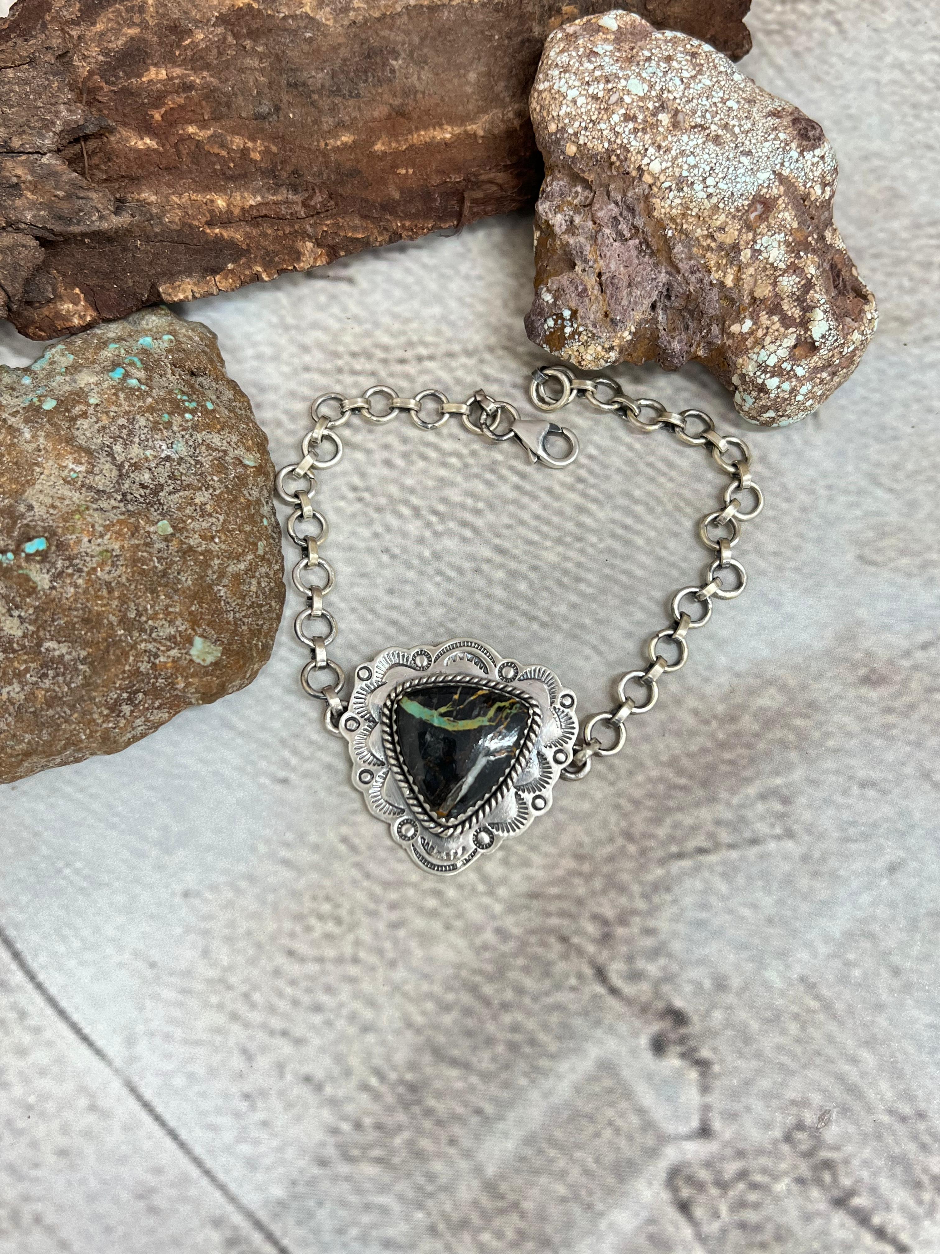 Handmade Sterling Silver Blackjack Turquoise Chain Bracelet Signed Nizhoni