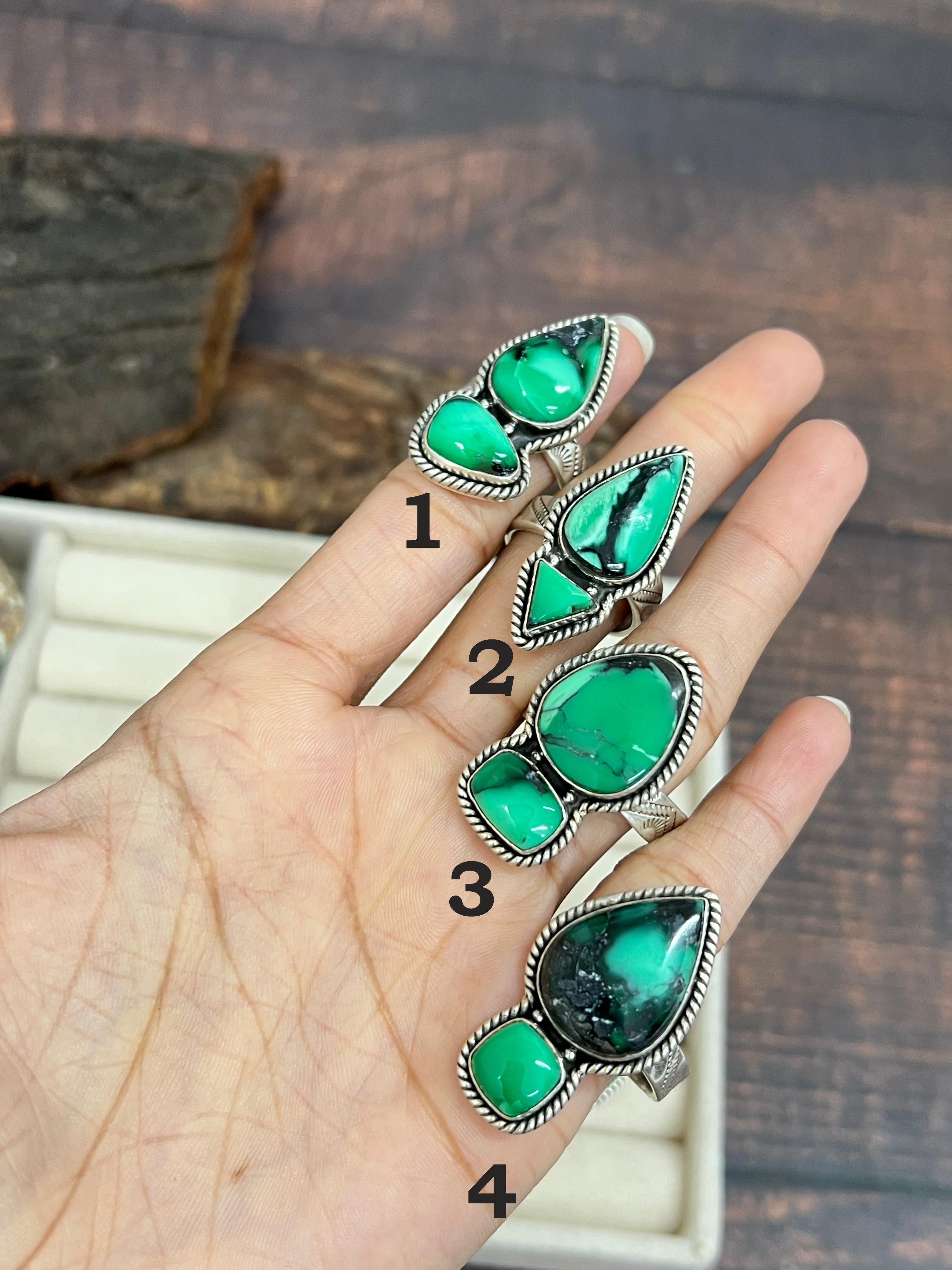 Handmade Sterling Silver Emerald Rose Variscite Adjustable Ring Signed Nizhoni