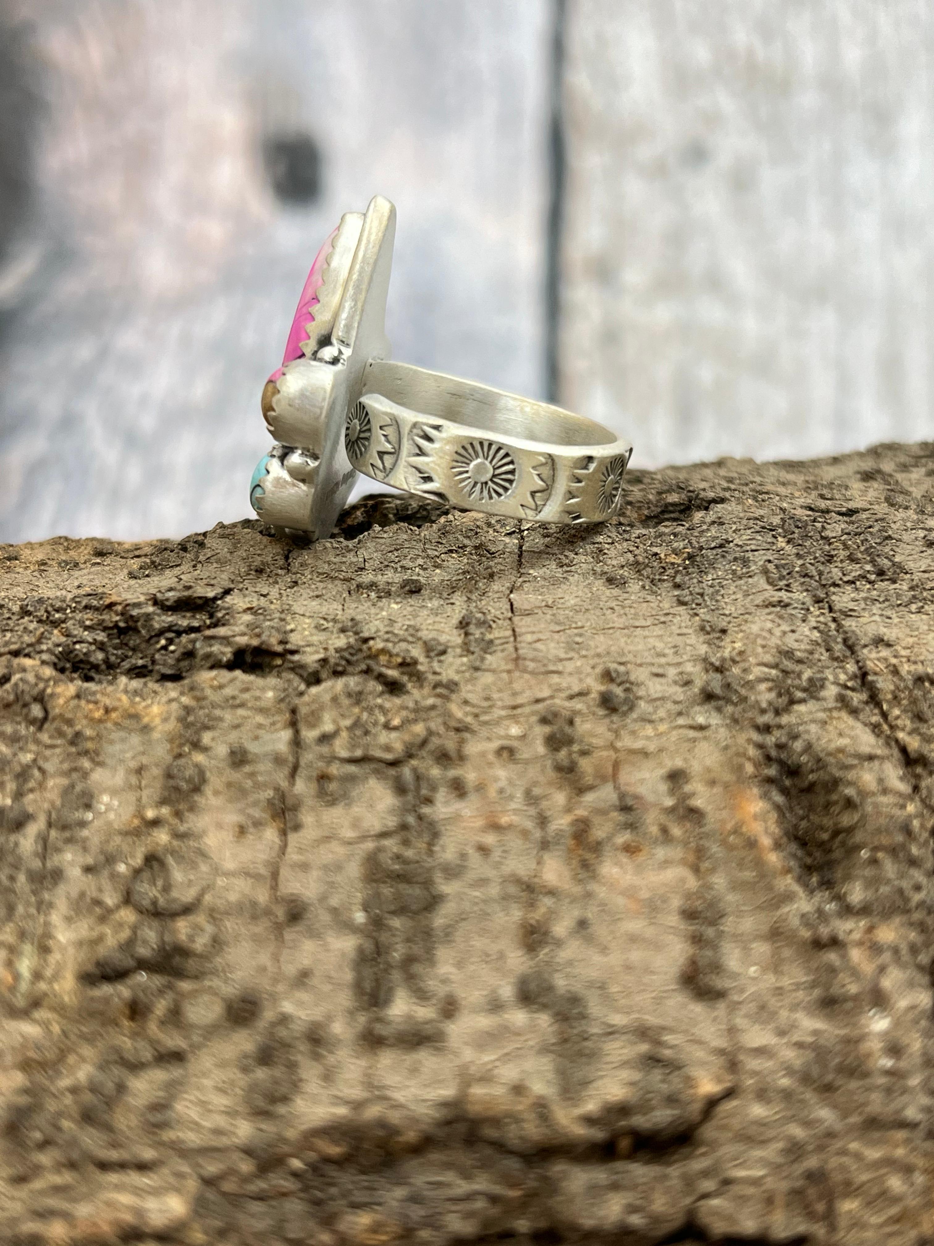 Handmade Sterling Silver Cotton Candy Turquoise Adjustable Ring with Signed Nizhoni