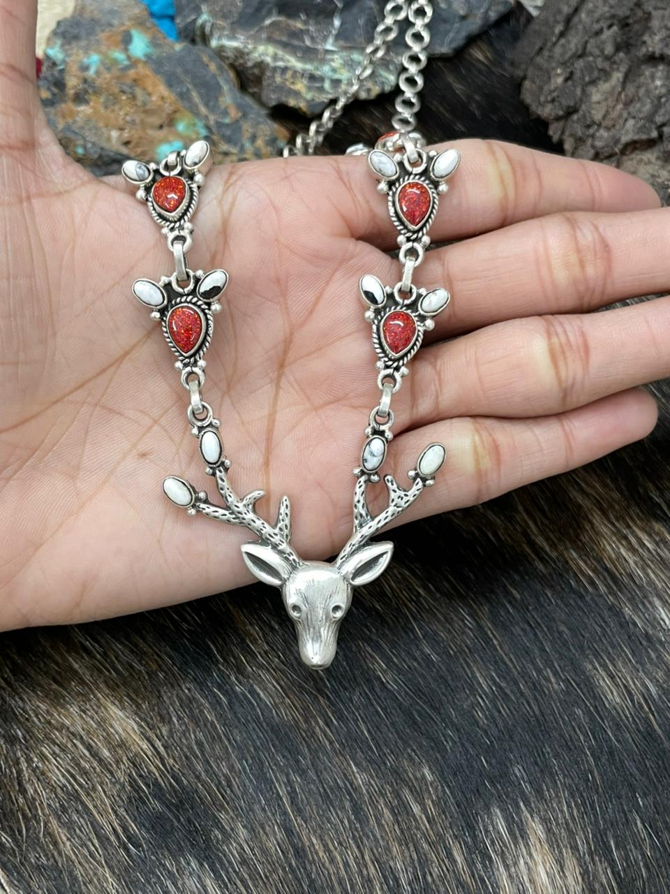 Handmade Sterling Silver White Buffalo with Red Opal Deer Necklace "Signed Nizhoni"