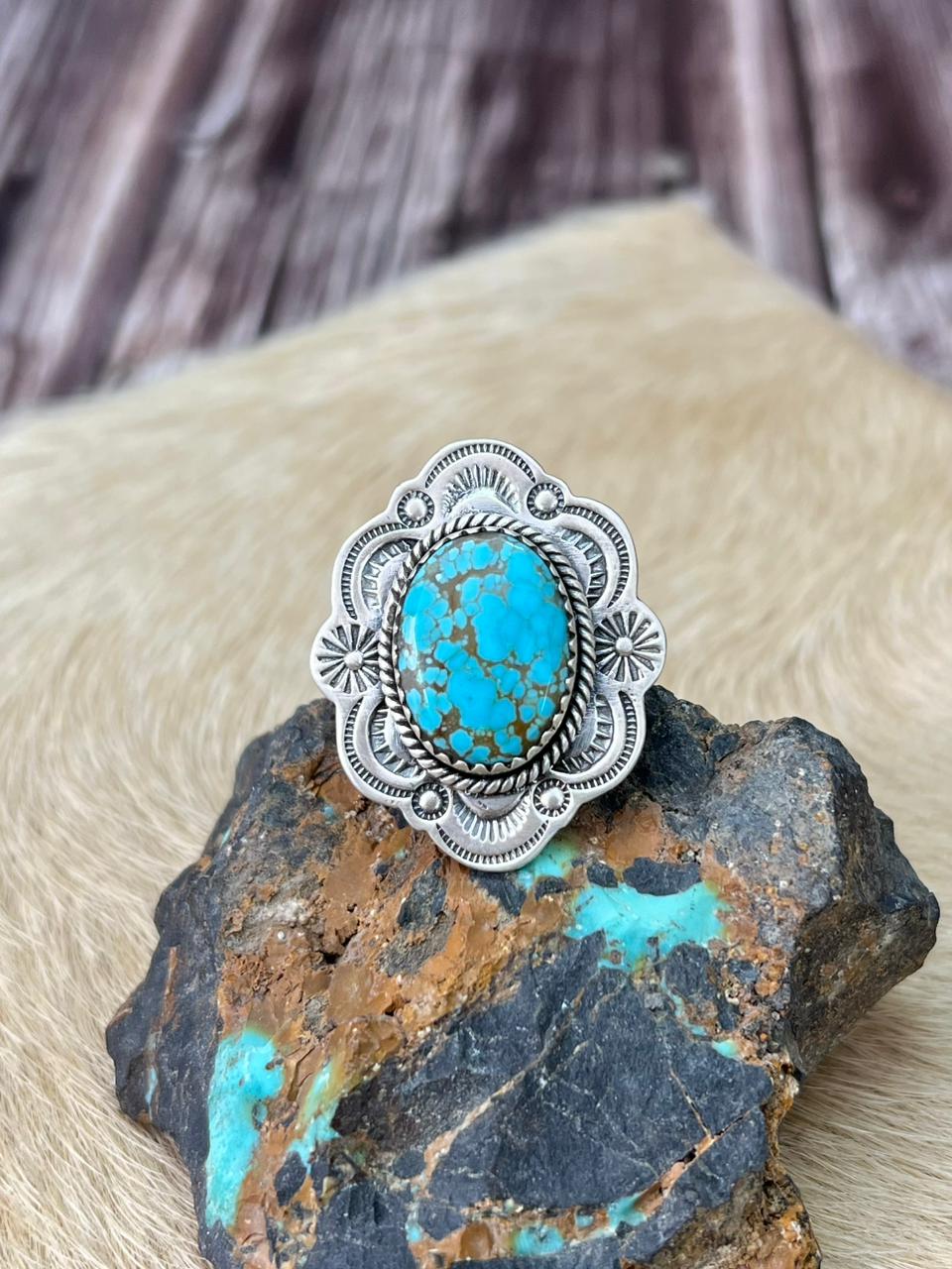 Handmade Sterling Silver Number 8 Turquoise Adjustable Ring "Signed Nizhoni"