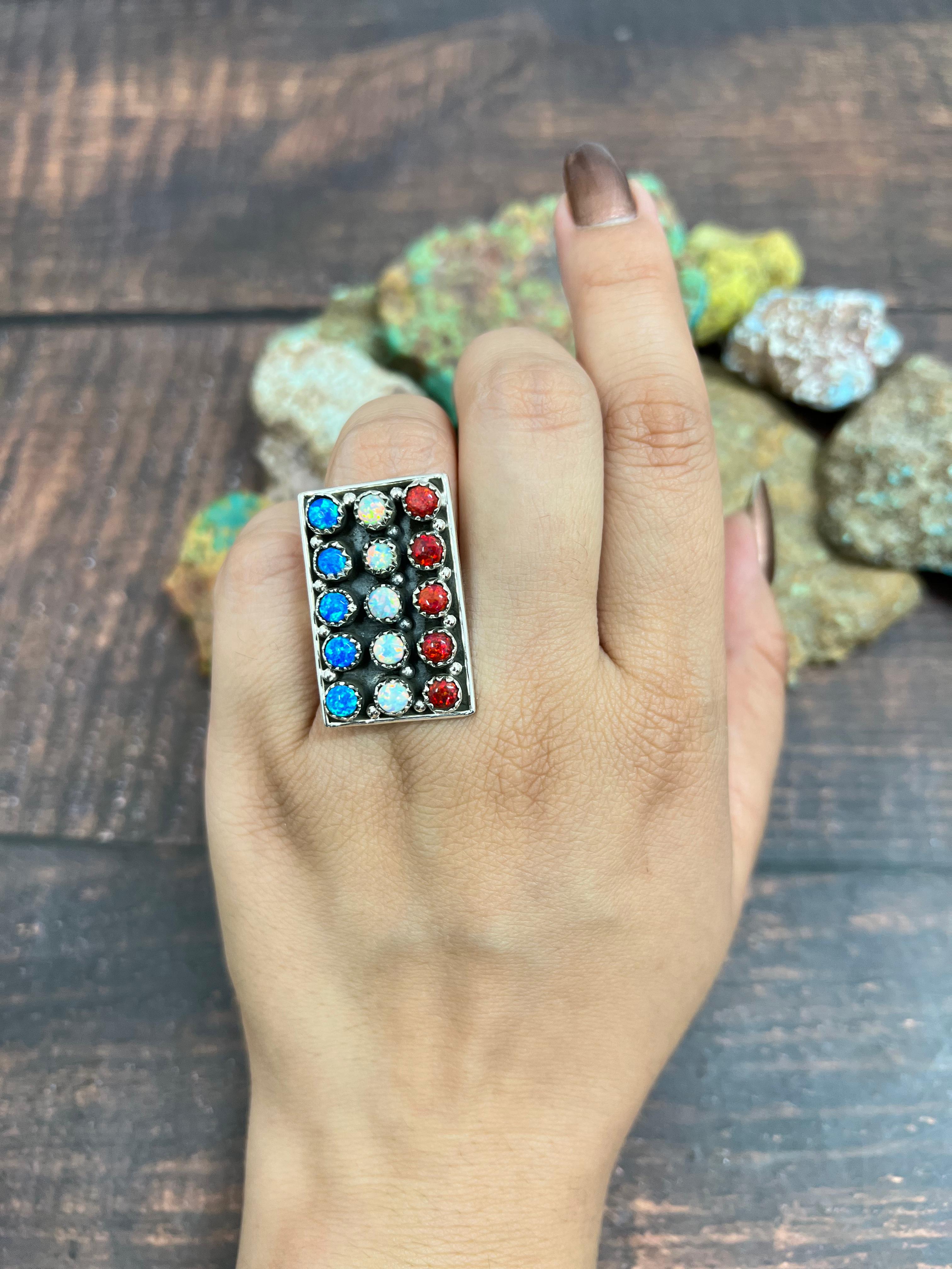 ** 4TH OF JULY ** Handmade Sterling Silver Synthetic Opal Adjustable Ring with Signed Nizhoni