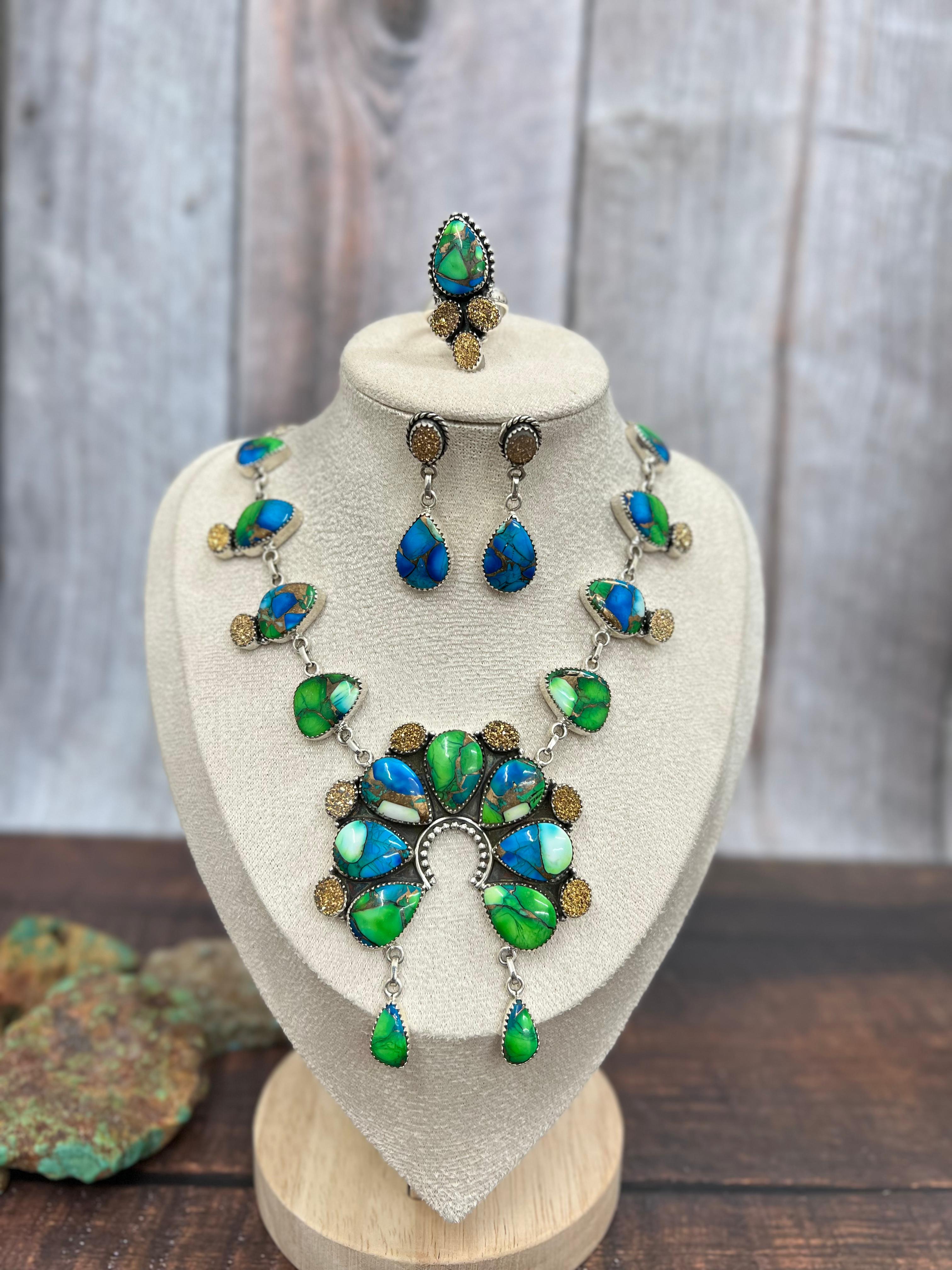 Handmade Sterling Silver Peacock Dahlia with Druzy Necklace, Ring & Earrings Set, Signed Nizhoni