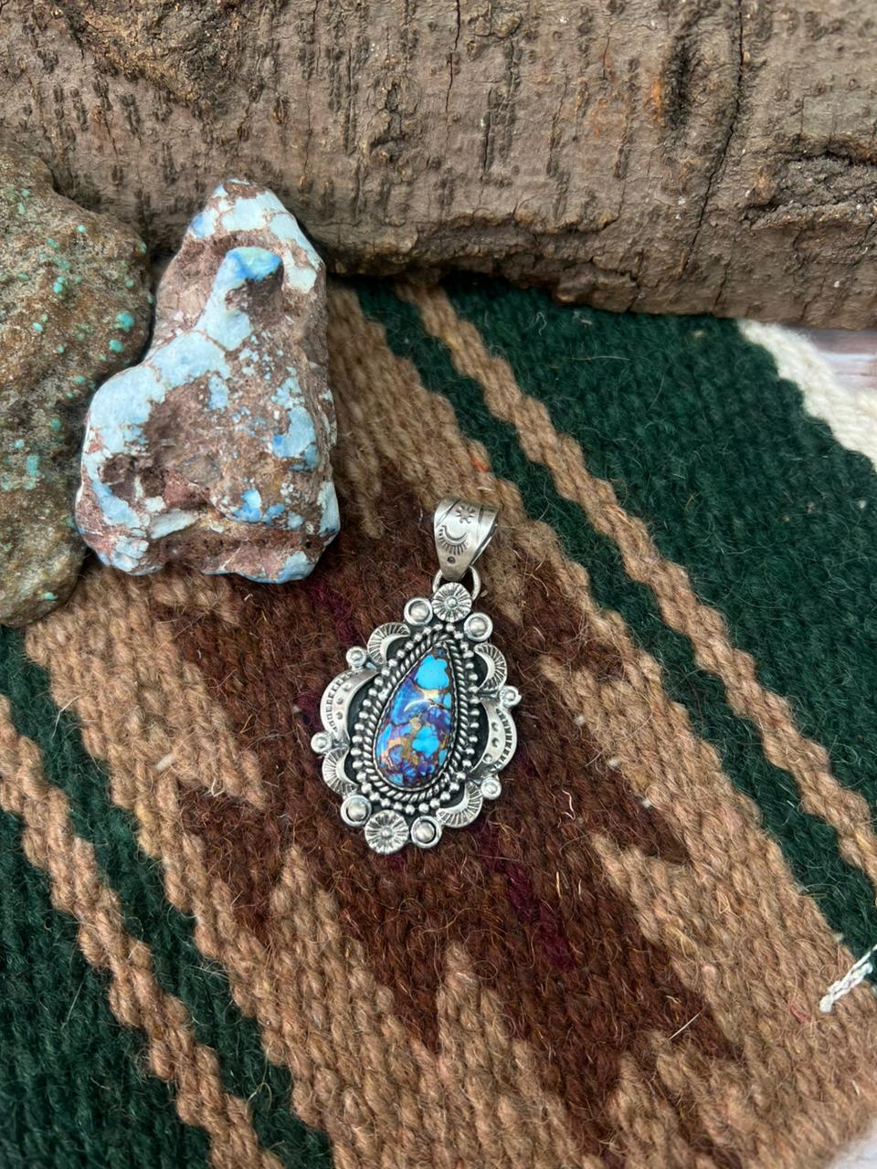 Handmade Sterling Silver Purple Copper Turquoise Pendant "Signed Nizhoni"