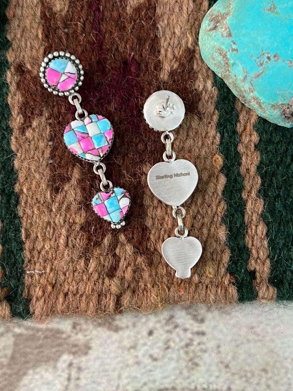 Handmade Sterling Silver Cotton Candy Cobble Stone Post Dangle Earrings Signed Nizhoni