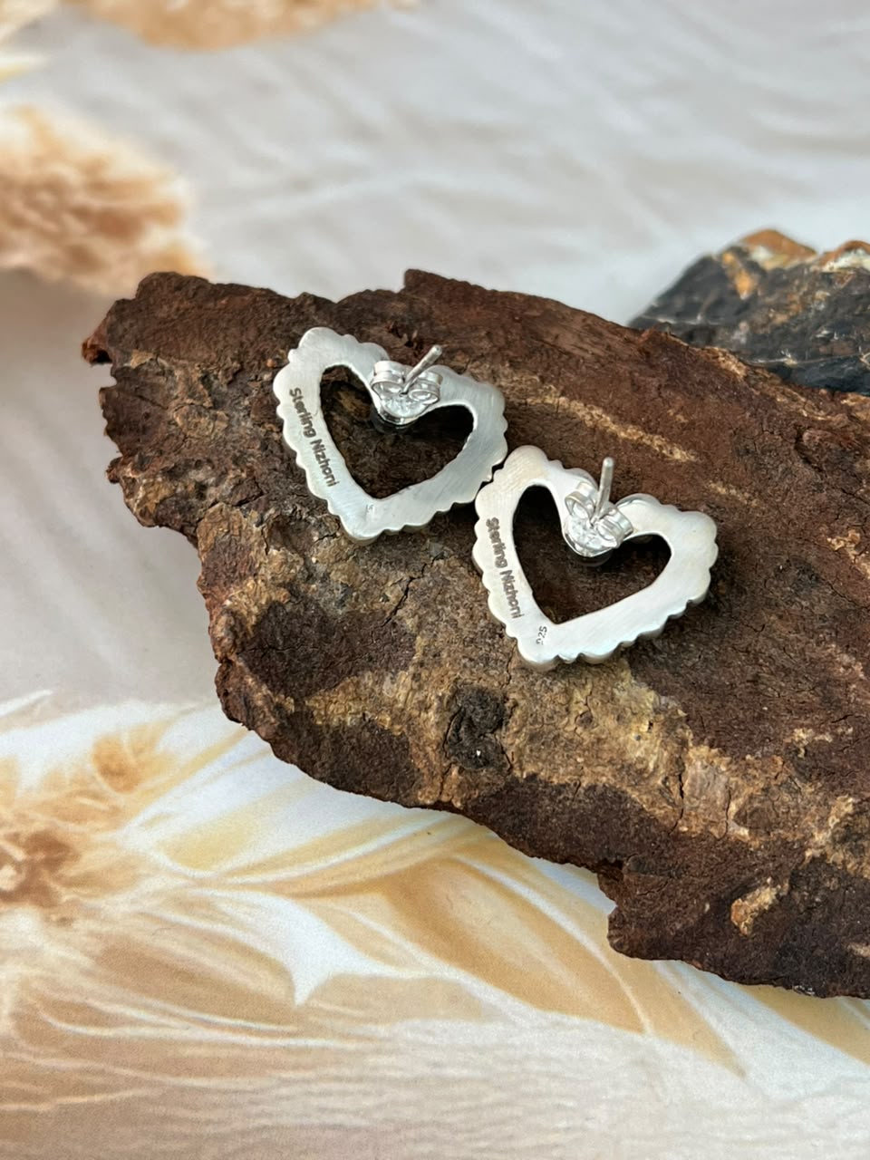 Handmade Sterling Silver Kingman Turquoise Post Studs Heart Earrings Signed Nizhoni
