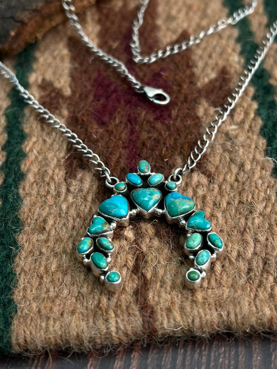 "Heart Collection" Handmade Sterling Silver Kingman Turquoise Necklace "Signed Nizhoni"