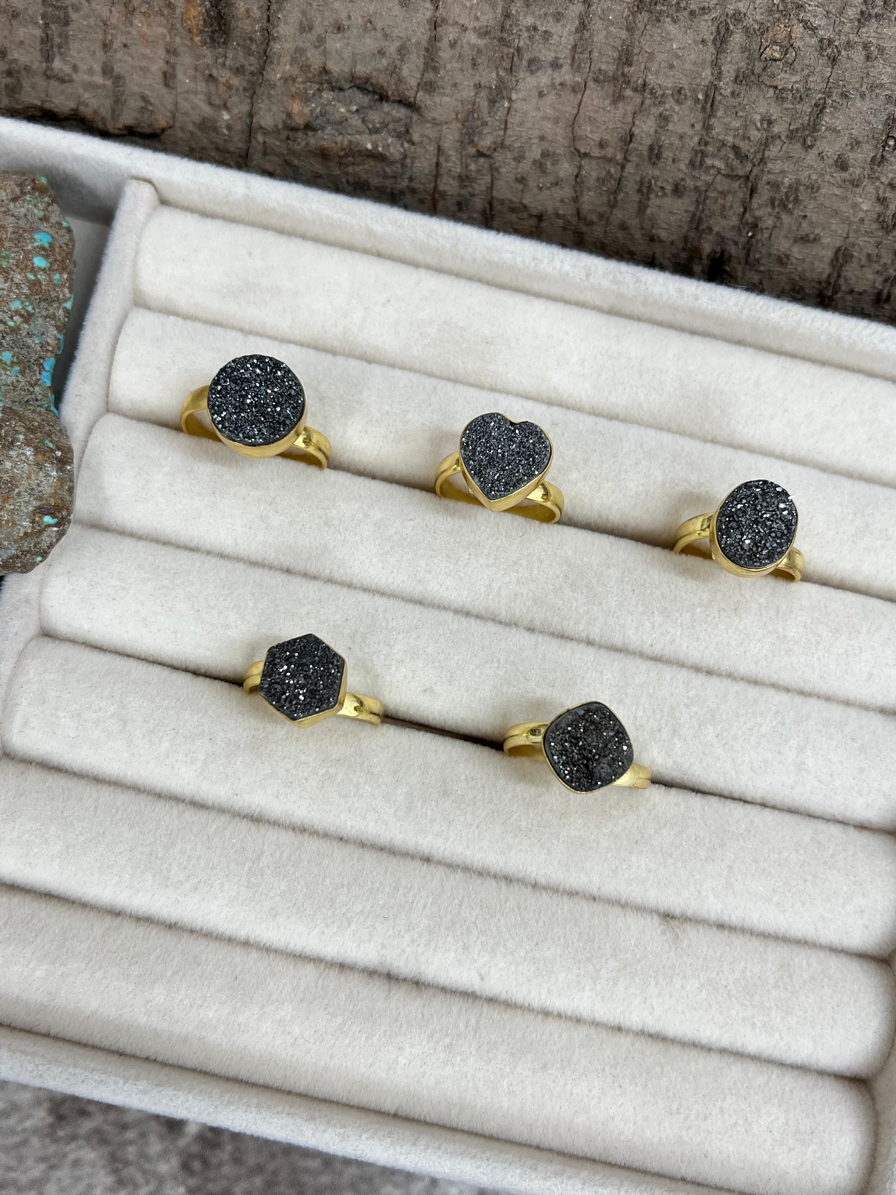 “The Boho Collection” Handmade Natural Charcoal Druzy Adjustable Ring