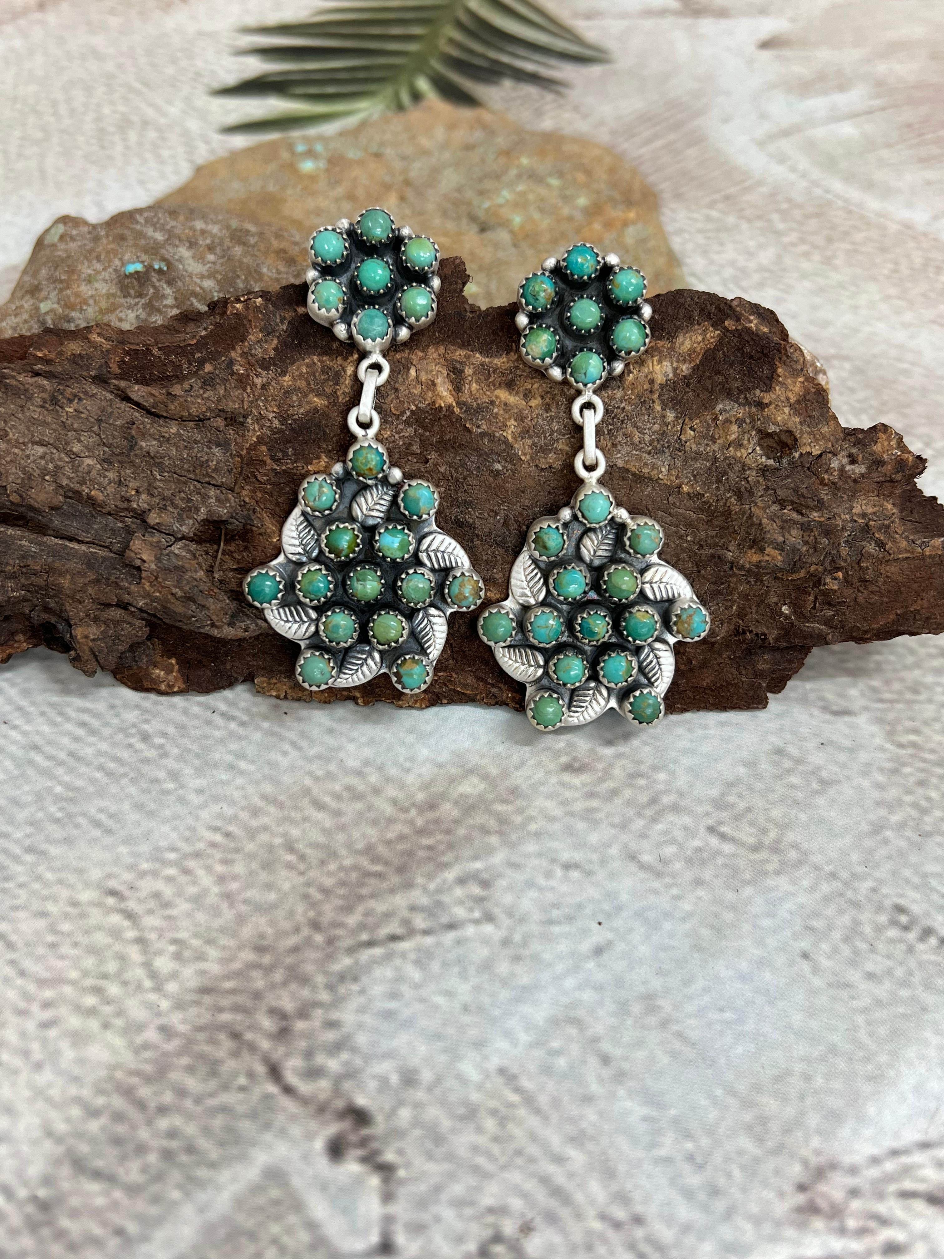 Handmade Sterling Silver Kingman Turquoise Post Dangle Earrings with Signed Nizhoni