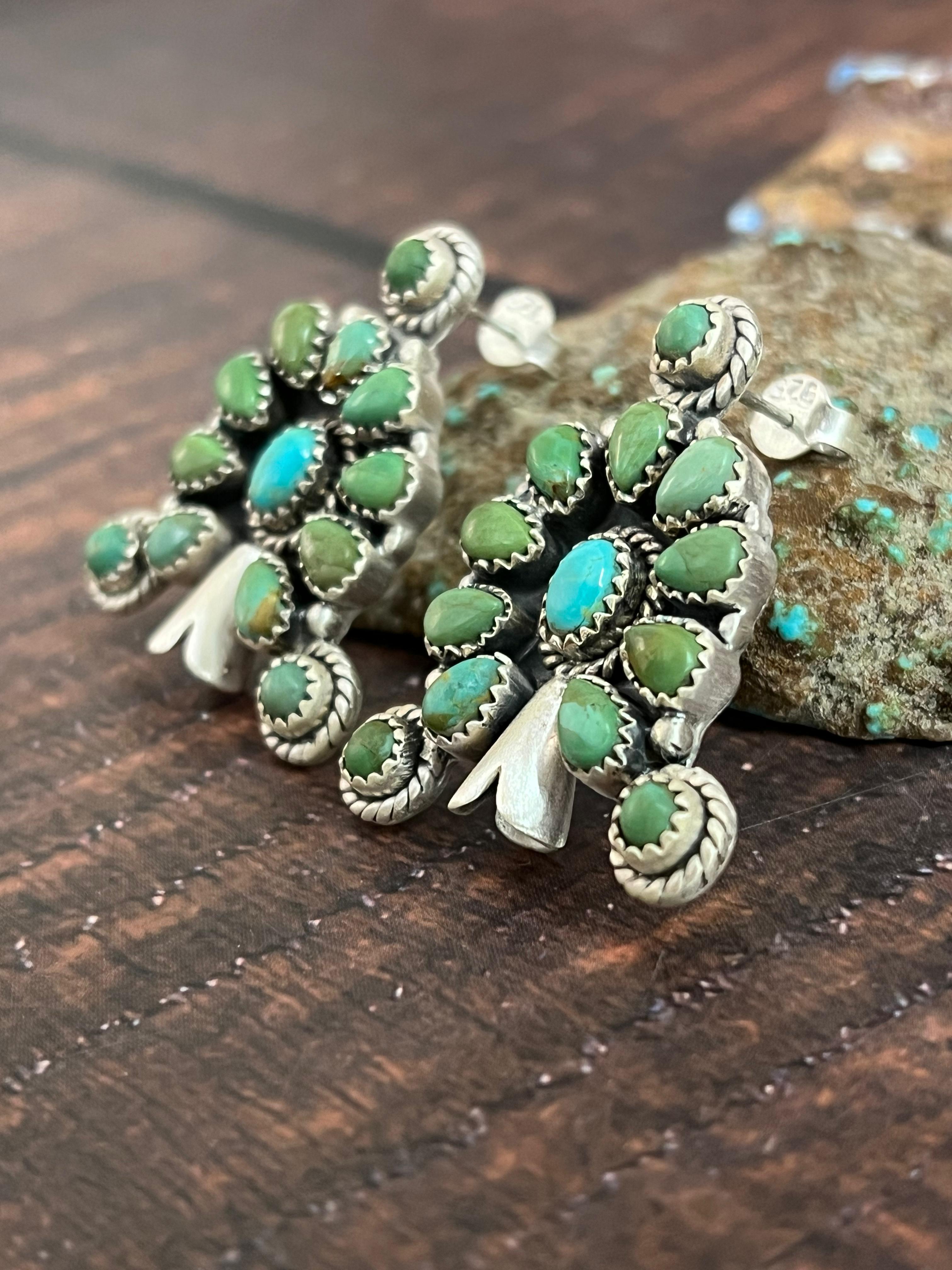 Handmade Sterling Silver Kingman Turquoise Blossom Earrings with Signed Nizhoni