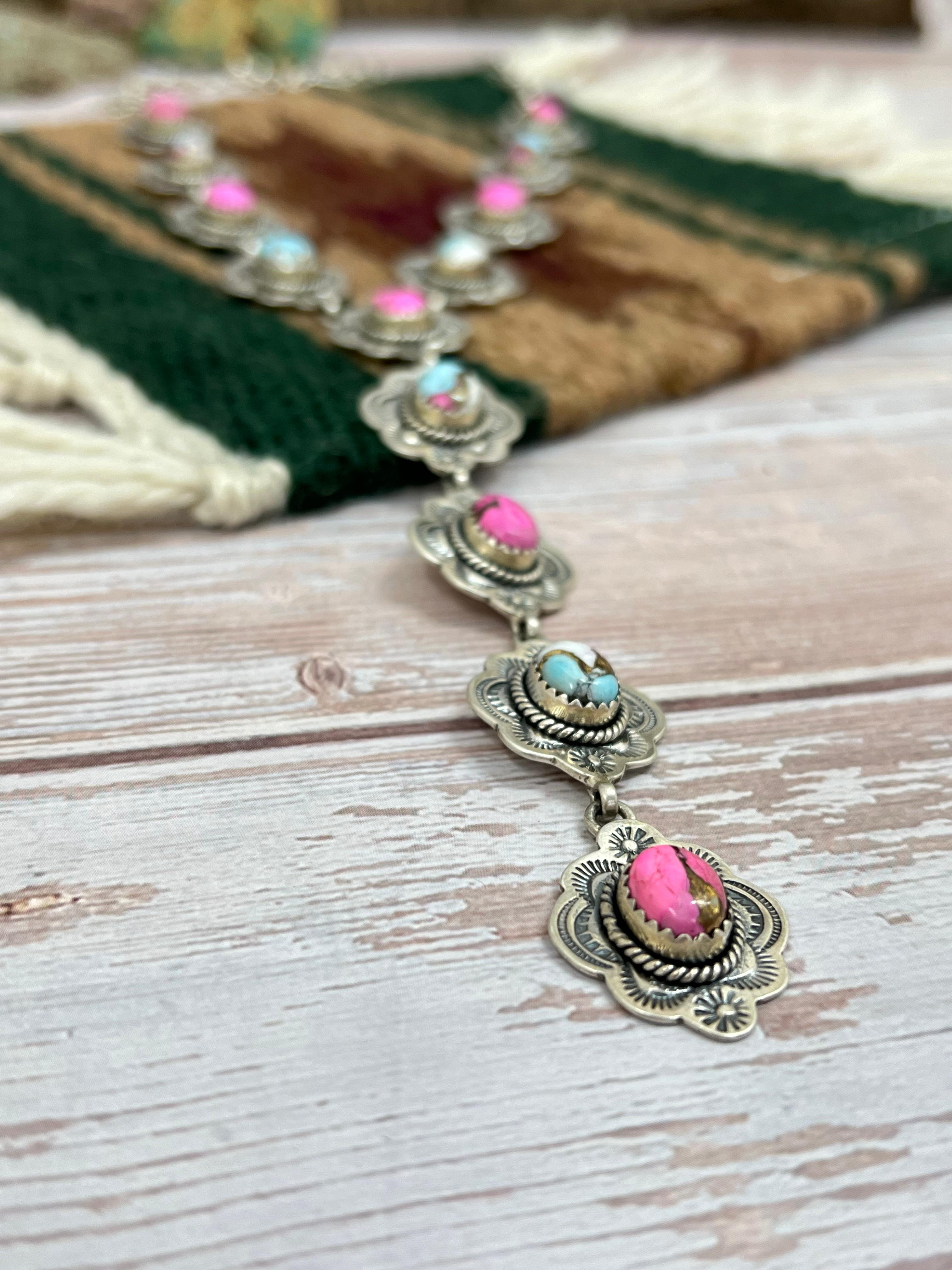 Handmade Sterling Silver Cotton Candy Turquoise Necklace with Signed Nizhoni