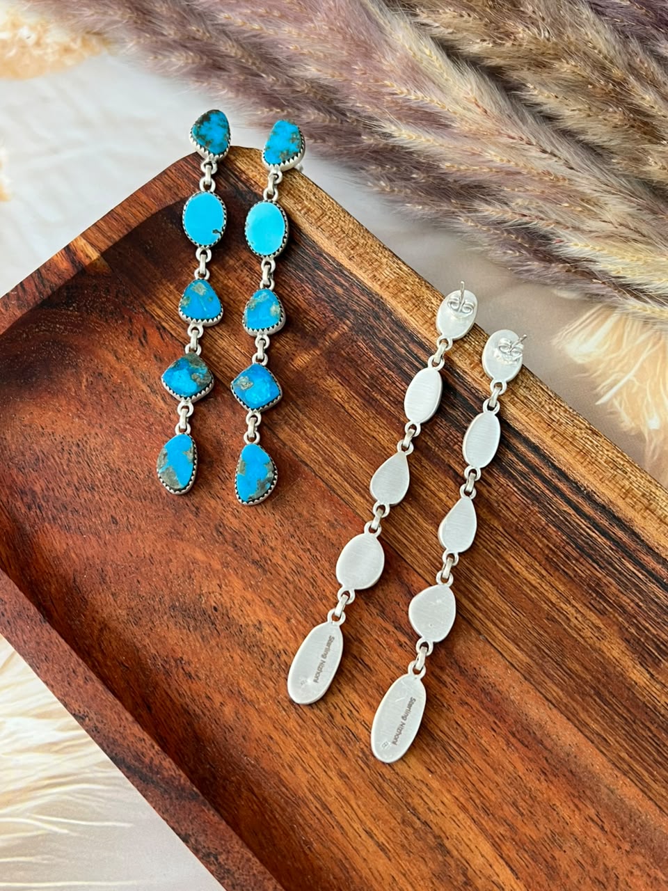 Handmade Sterling Silver Kingman Turquoise Post Dangle Earrings Signed Nizhoni 5 STONE