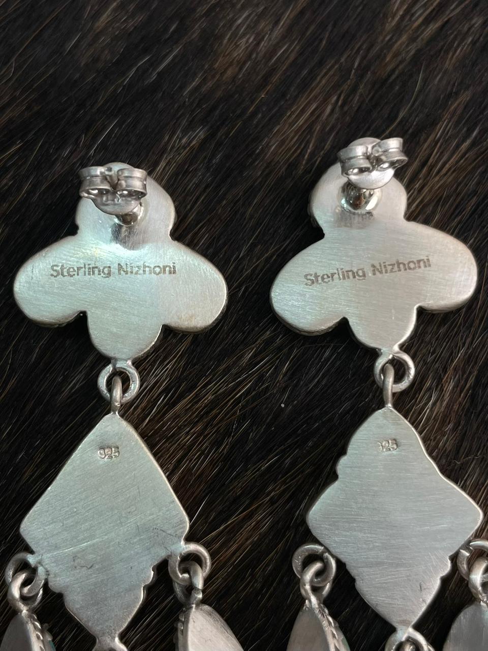 Handmade Sterling Silver Kingman Turquoise Post Dangle Earrings "Signed Nizhoni"