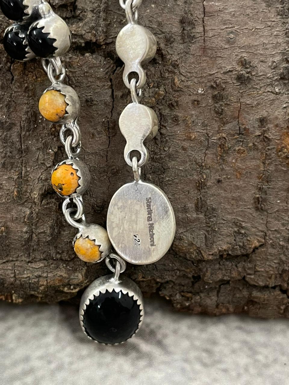 Handmade Sterling Silver Black Onyx, Bumblebee Post Dangle Earrings with Signed Nizhoni