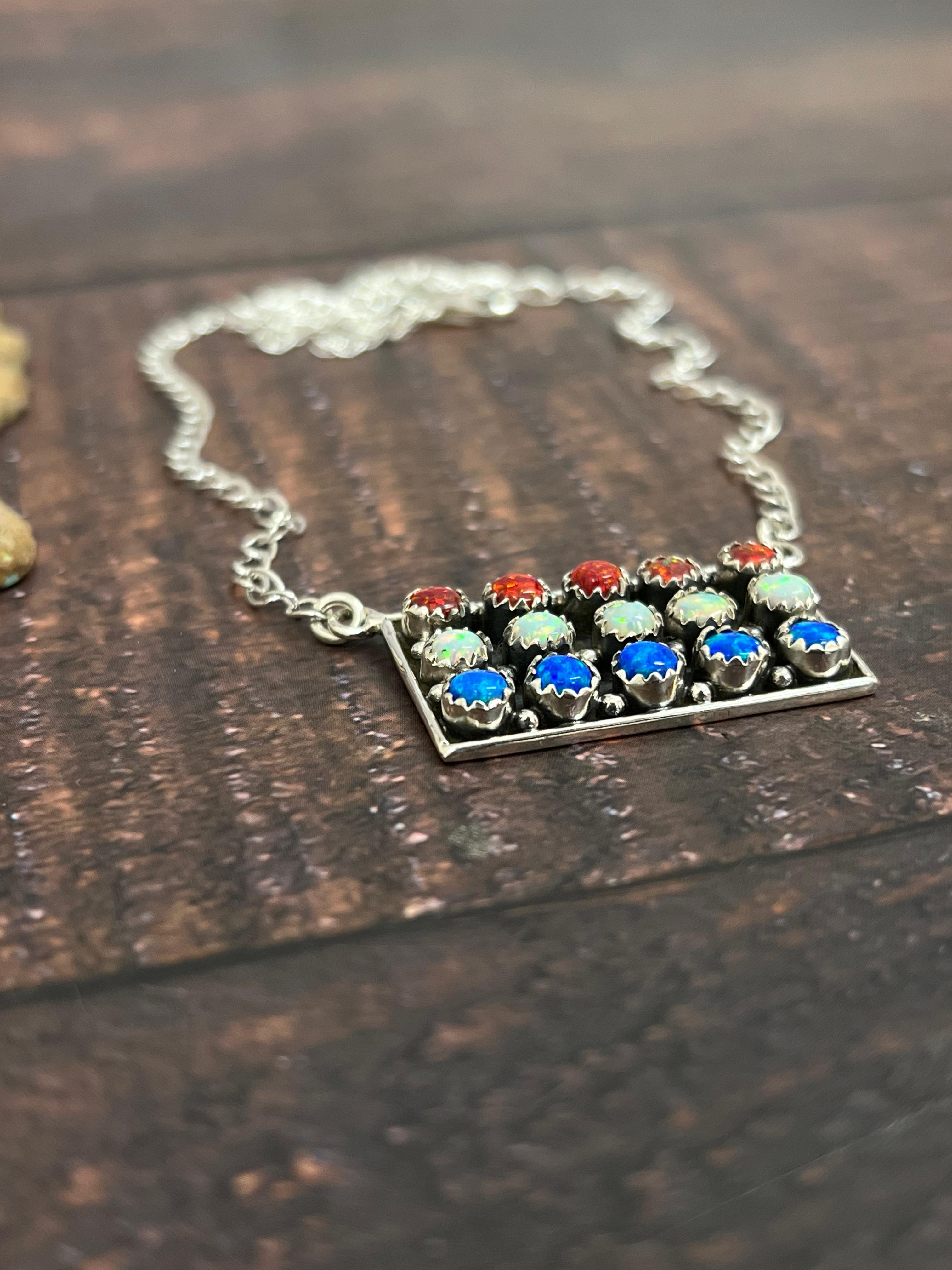 ** 4TH OF JULY ** Handmade Sterling Silver Synthetic Opal Necklace with Signed Nizhoni