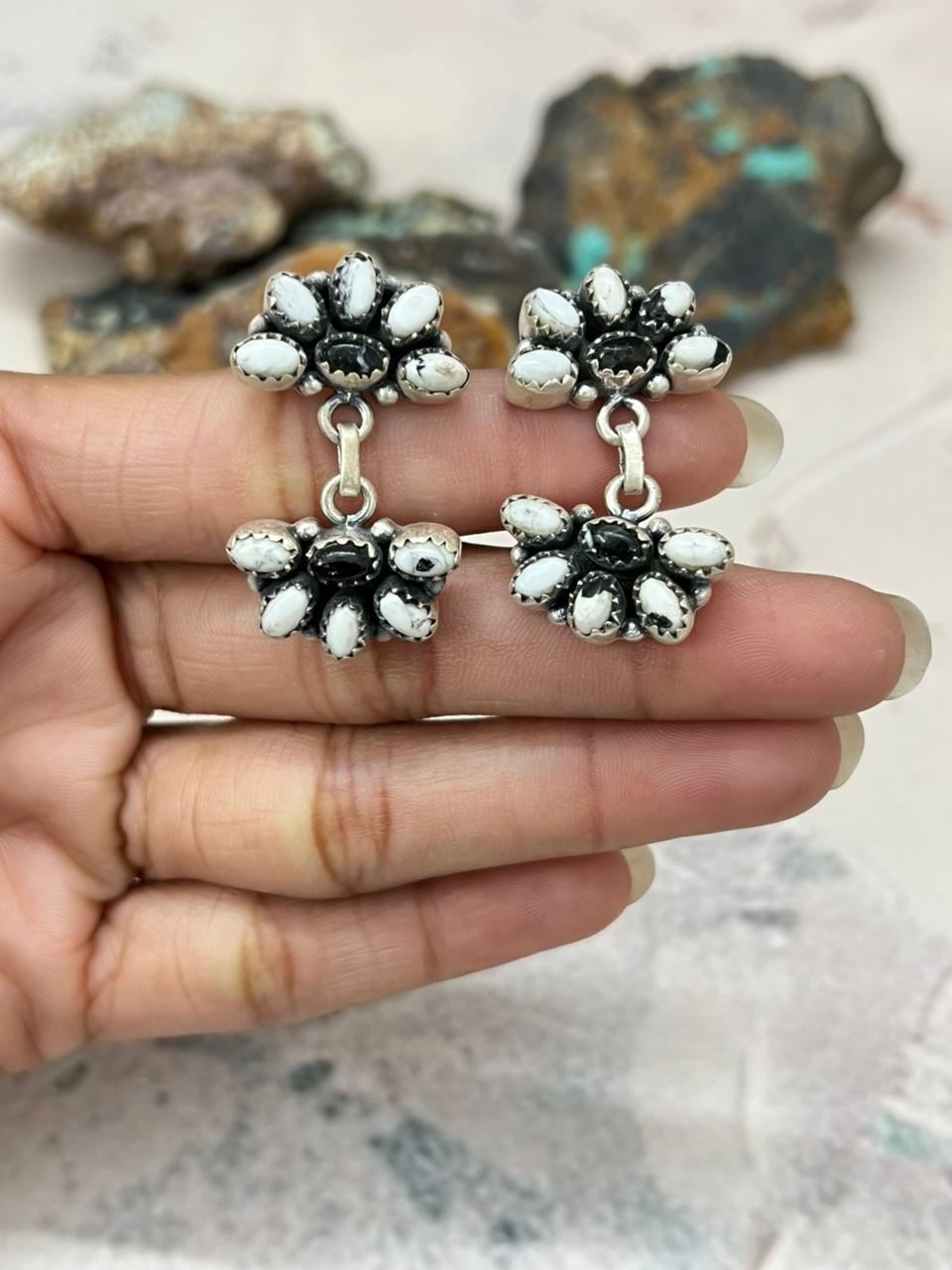 Handmade Sterling Silver White Buffalo Post Earrings "Signed Nizhoni"