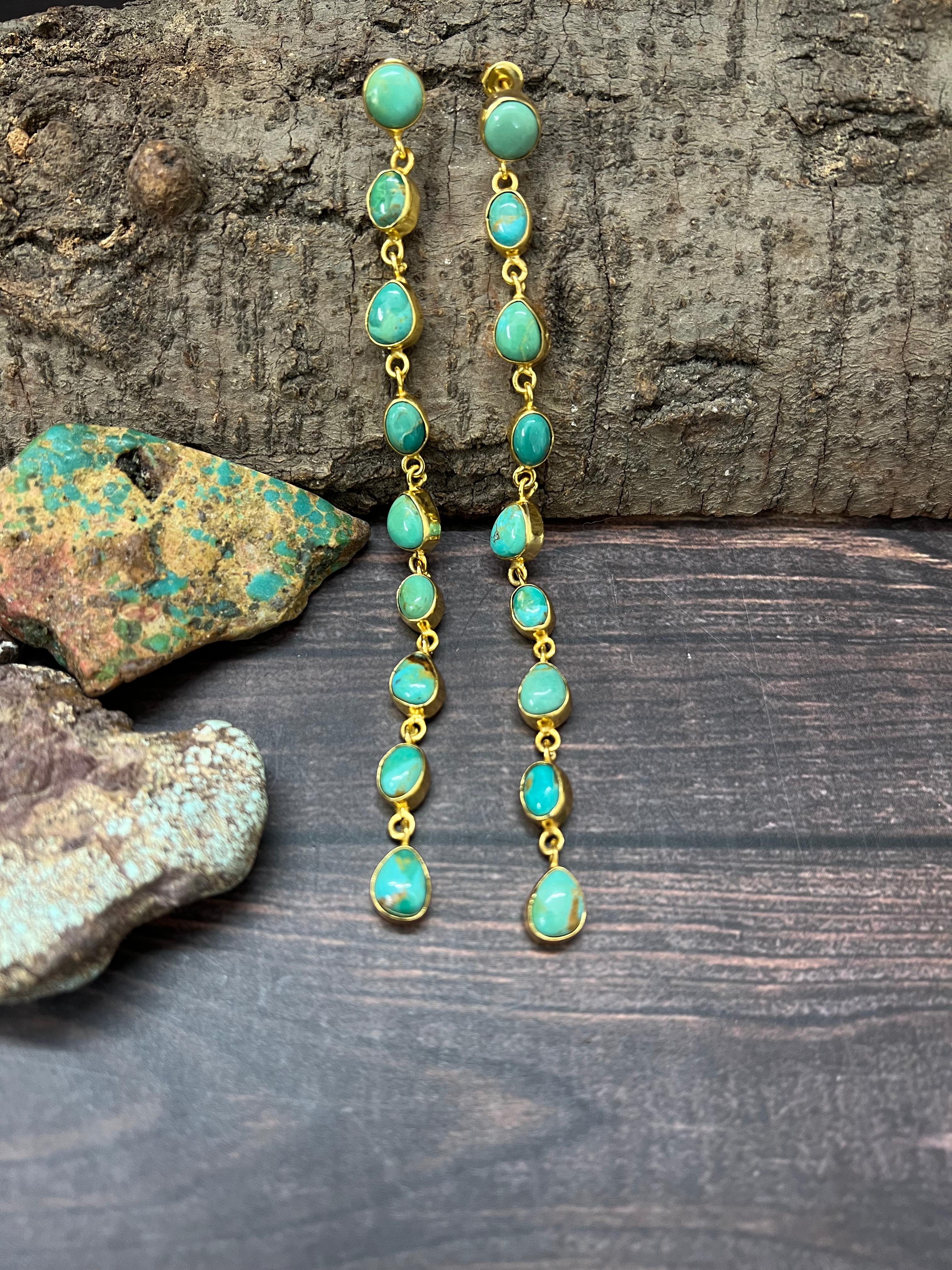 “The Golden Collection” RUNWAY Handmade Natural Kingman Turquoise Post Dangle Earrings (4)