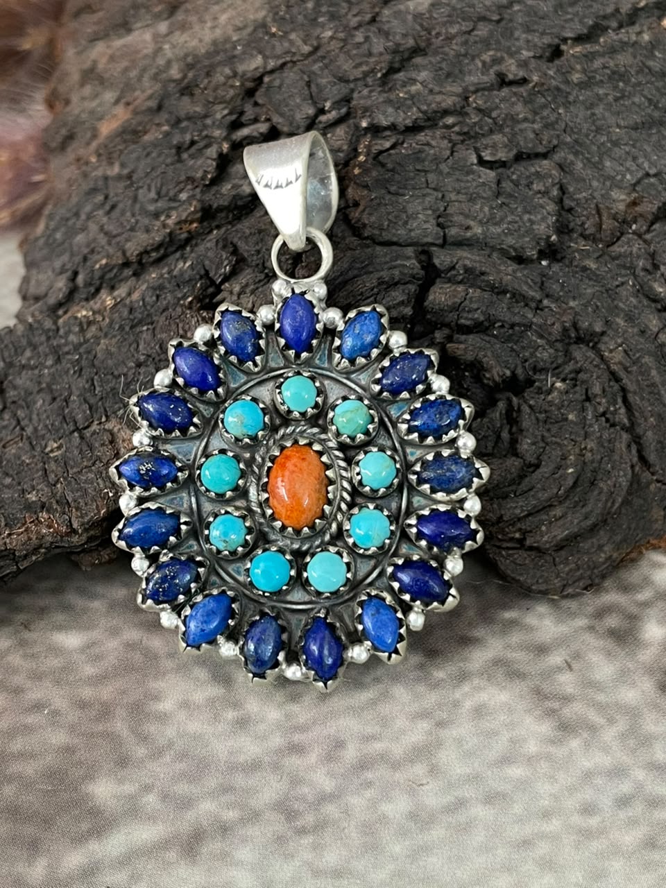 Handmade Sterling Silver Kingman Turquoise with Orange Mojave and Lapis Pendant Signed Nizhoni