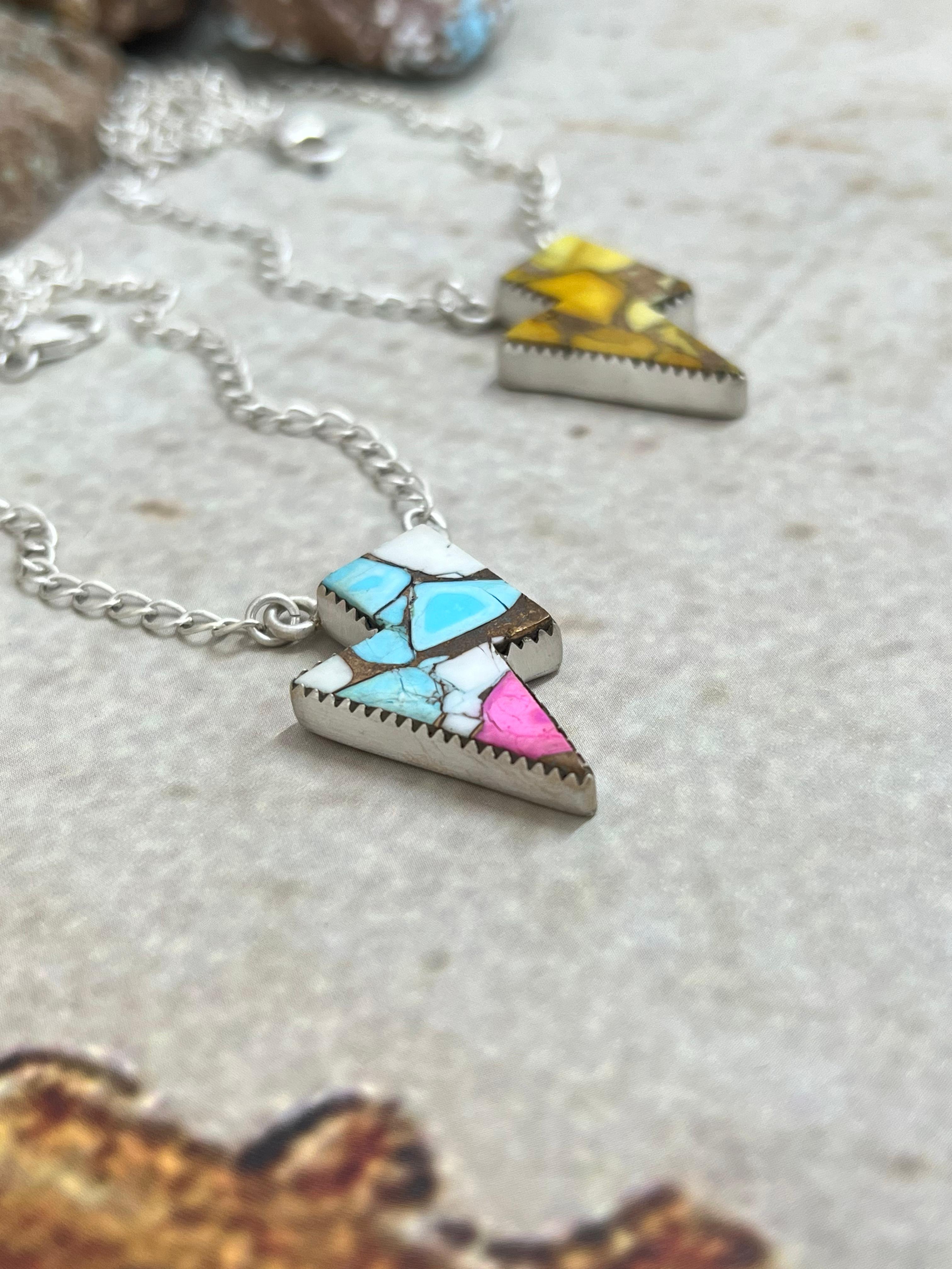 Handmade Sterling Silver Cotton Candy, Honey Dahlia Lightning Bolt Necklace Signed Nizhoni (3)