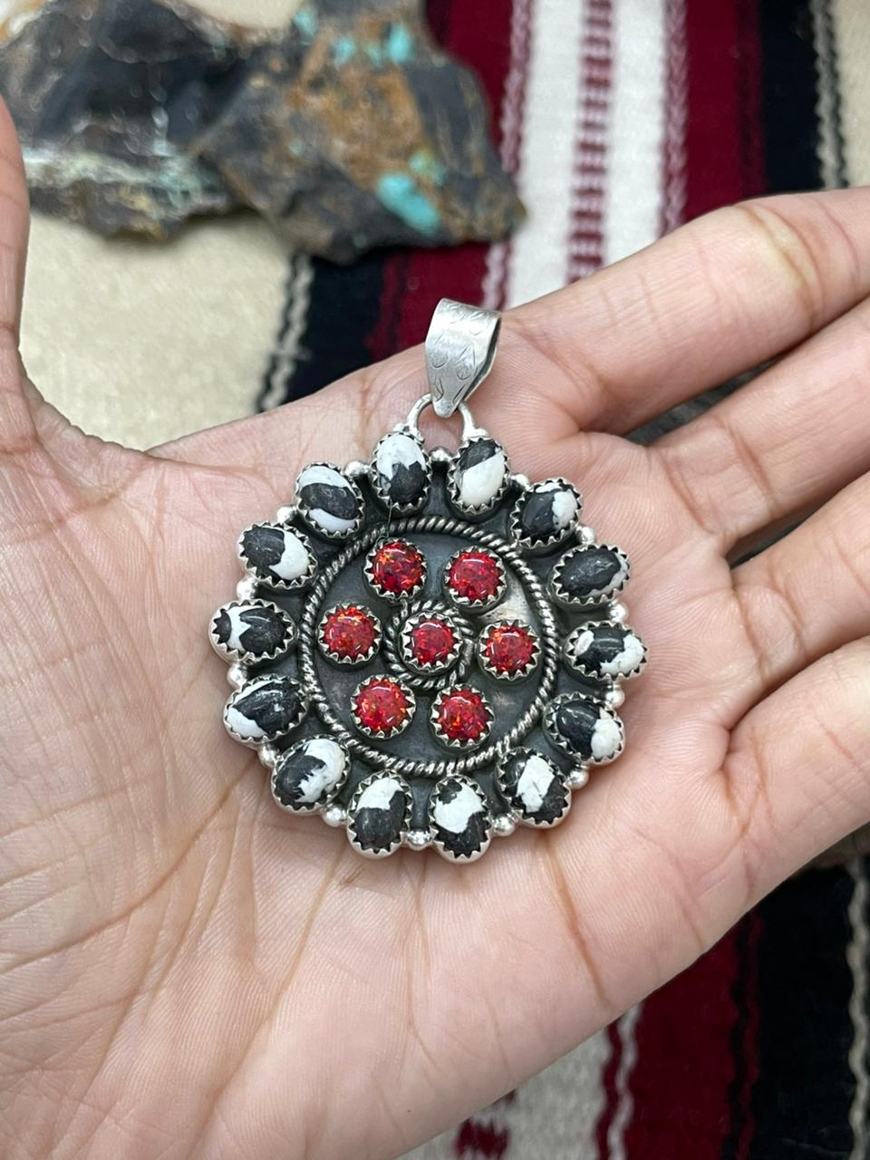 "Christmas Collection" Handmade Sterling Silver Red Opal with White Buffalo Pendant " Signed Nizhoni"
