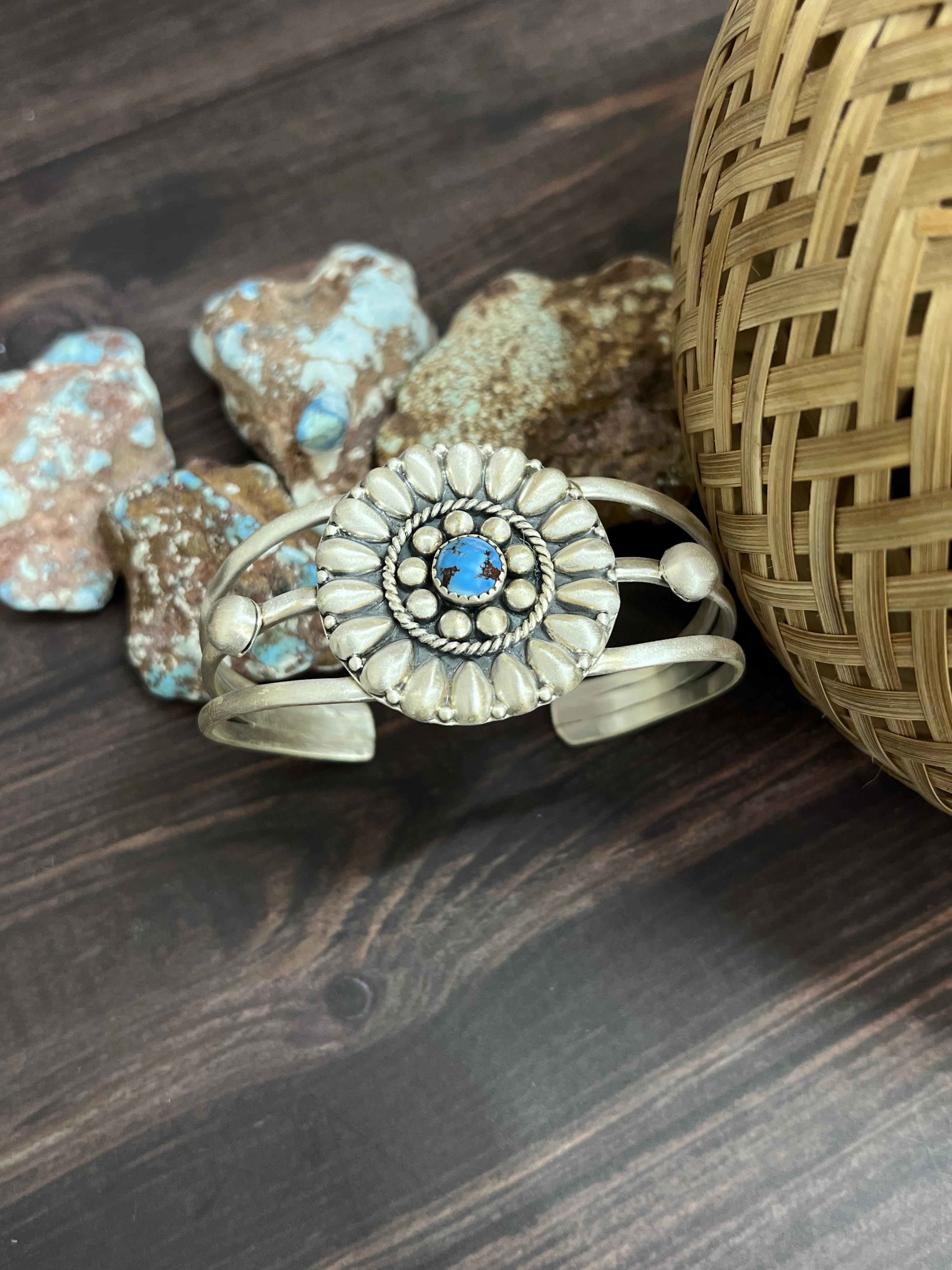 Handmade Sterling Silver Golden Hills Turquoise Cuff Bracelet with Signed Nizhoni