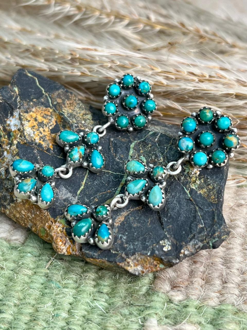 Handmade Sterling Silver Kingman Turquoise Post Dangle Earrings "Signed Nizhoni"