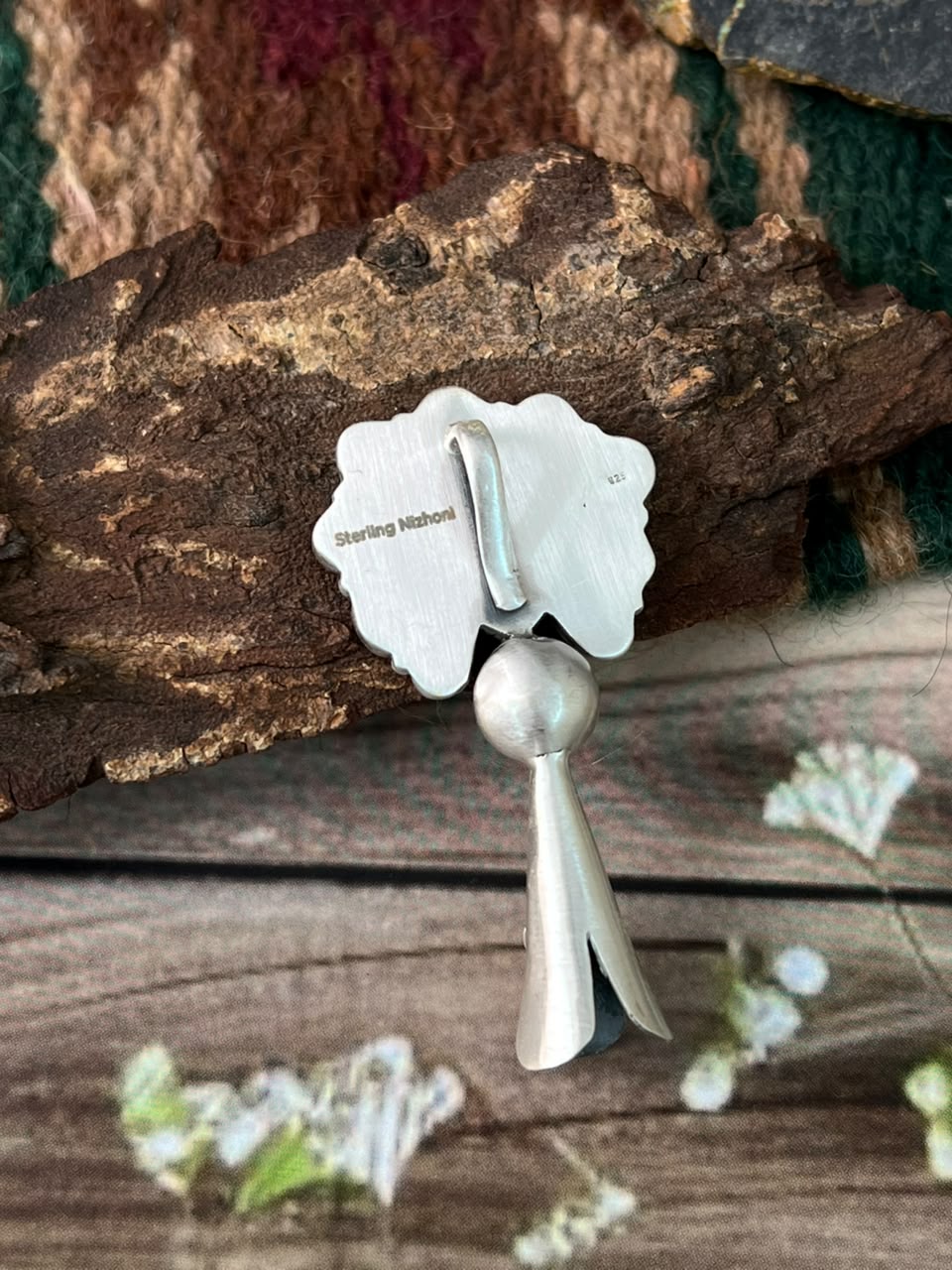 Handmade Sterling Silver Paloma with Sierra Bella Turquoise Squash Blossom Pendant Signed Nizhoni